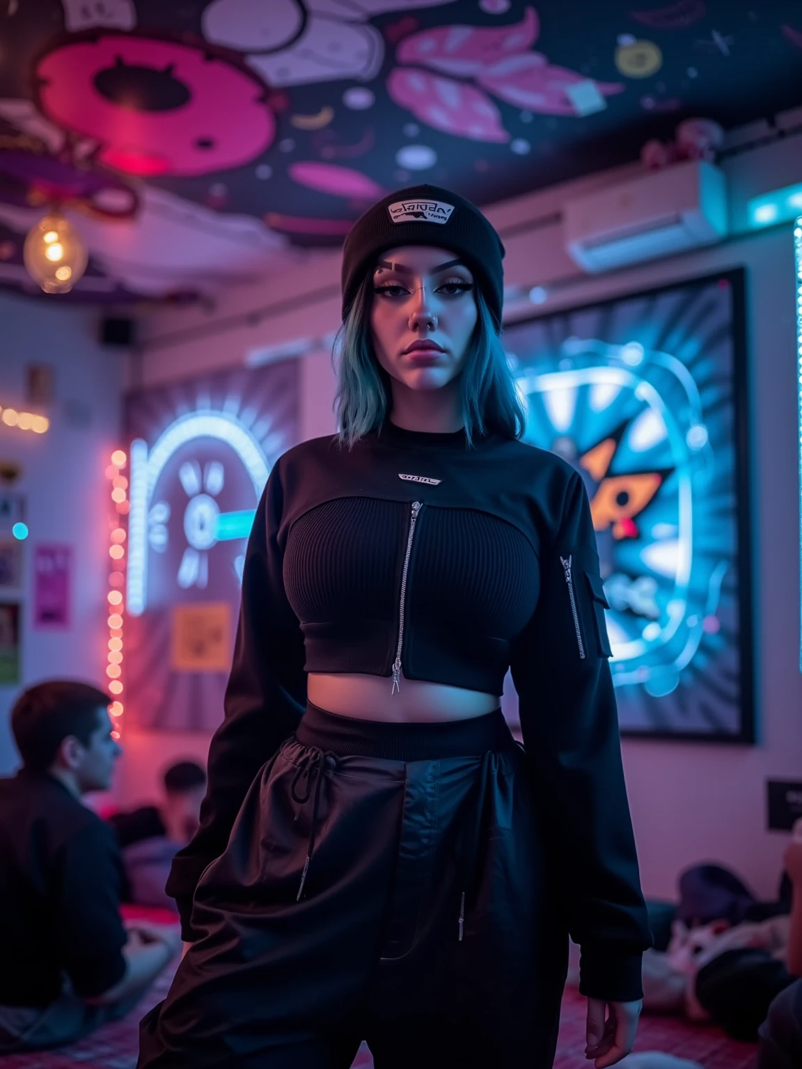 mad-cbrpnkjckt01, woman wearing croptop and shrugs,  black cargo pants, teal hair, futuristic night club, neon lights, light beams, holograms