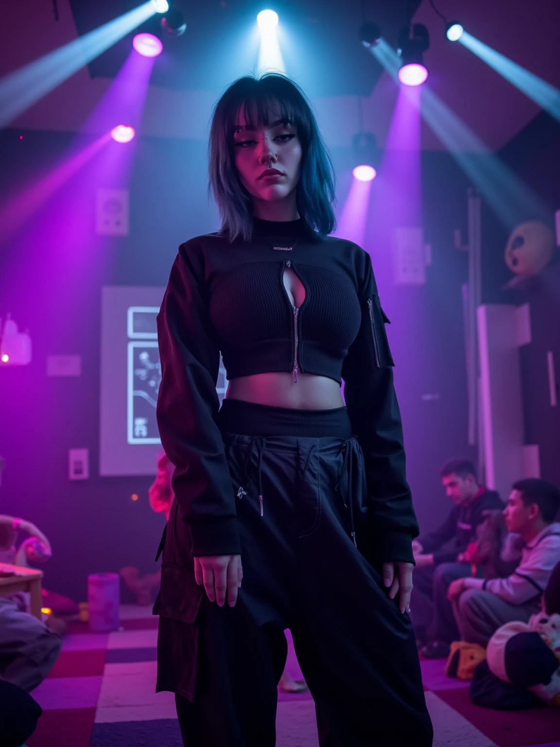 mad-cbrpnkjckt01, woman wearing croptop and shrugs,  black cargo pants, teal hair, futuristic night club, neon lights, light beams, holograms