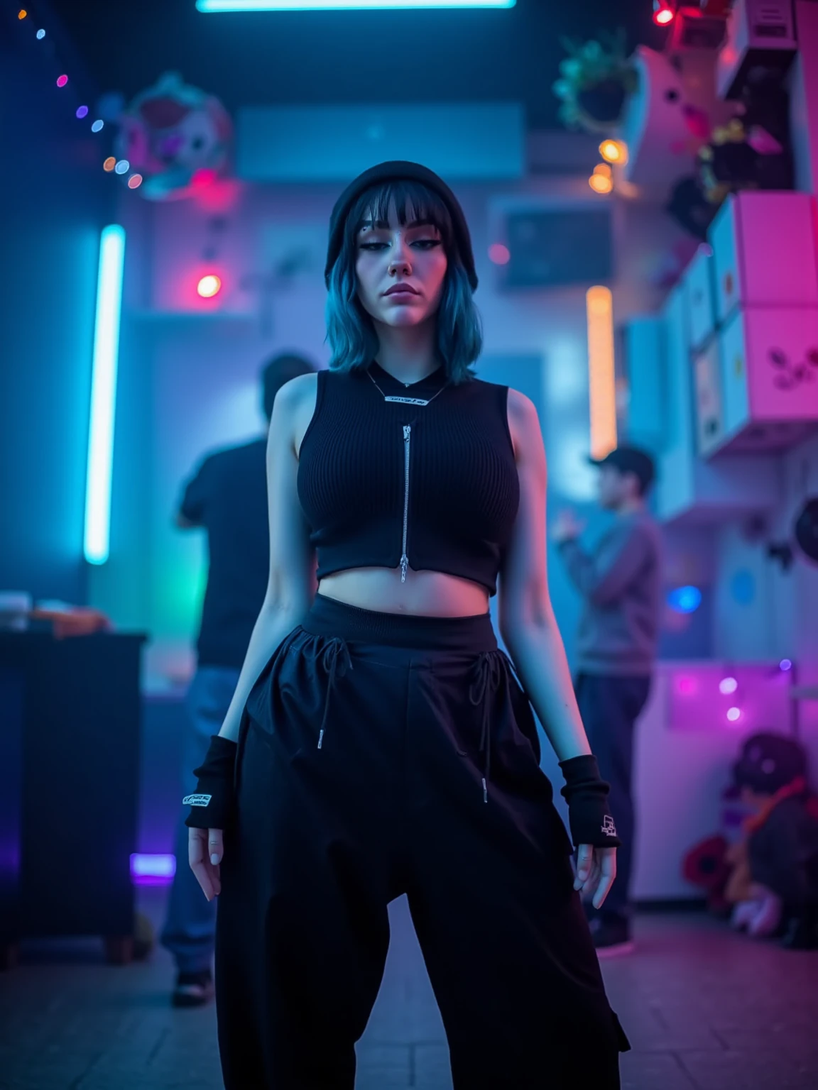 mad-cbrpnkjckt01, woman wearing croptop and shrugs,  black cargo pants, teal hair, futuristic night club, neon lights, light beams, holograms