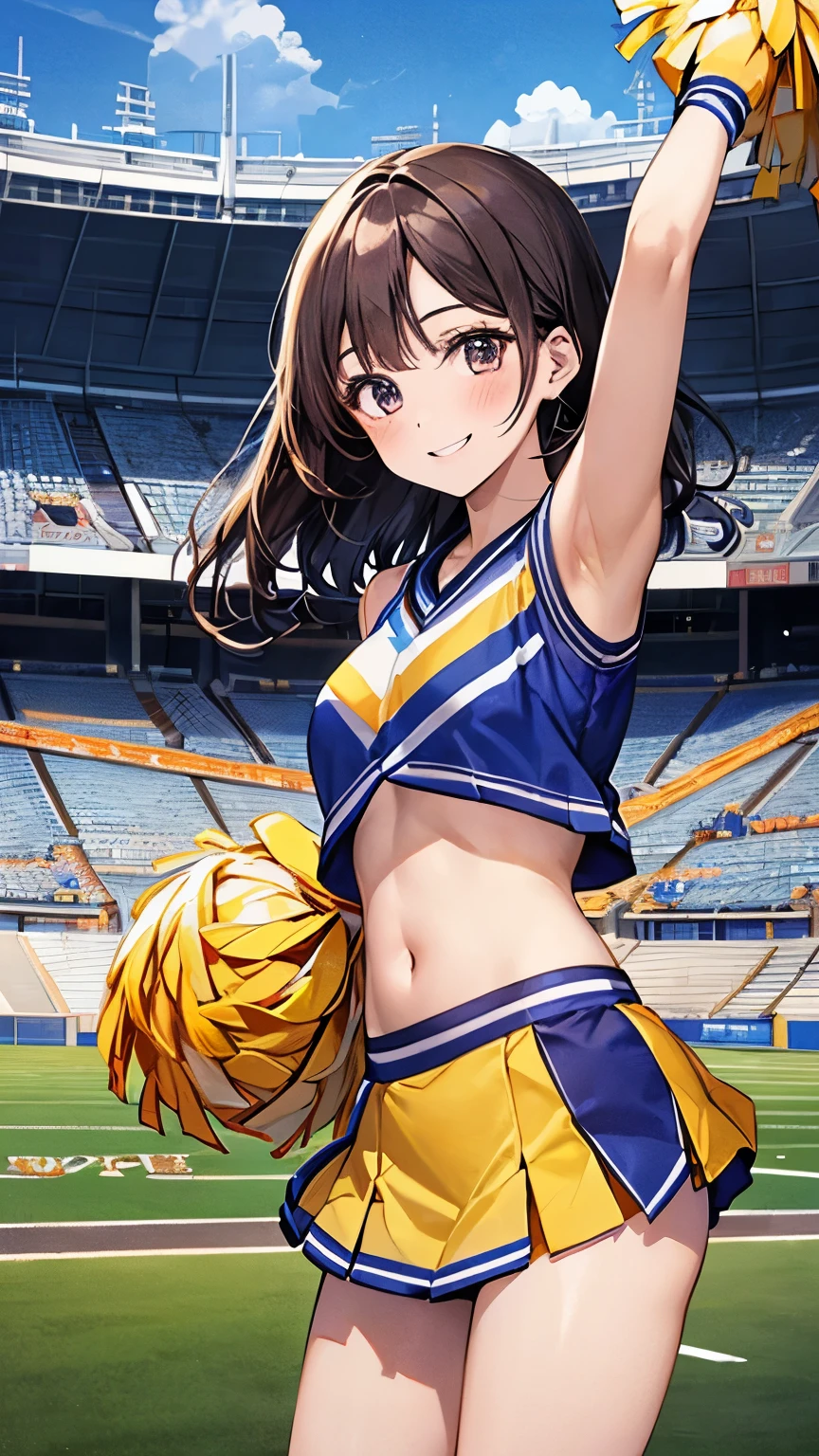 (masterpiece:1.2, top-quality), (realistic, photorealistic:1.4), beautiful illustration, (natural side lighting, movie lighting), depth of fields, back lighting, 
looking at viewer, 1 girl, japanese, high chool girl, 17 years old, perfect face, cute and symmetrical face, shiny skin, 
(middle hair, side ponytail, light brown hair), asymmetrical bangs, blue eyes, long eye lasher, (medium breasts), cute round face, beautiful make up, 
beautiful hair, beautiful face, beautiful detailed eyes, beautiful clavicle, beautiful body, beautiful chest, beautiful thigh, beautiful legs, beautiful fingers, 
((sleeveless cheerleader:1.2), boots), 
(beautiful scenery), evening, (stadium background:1.2), extremely cute, arm up, armpits, (lovely smile, open mouth), 
