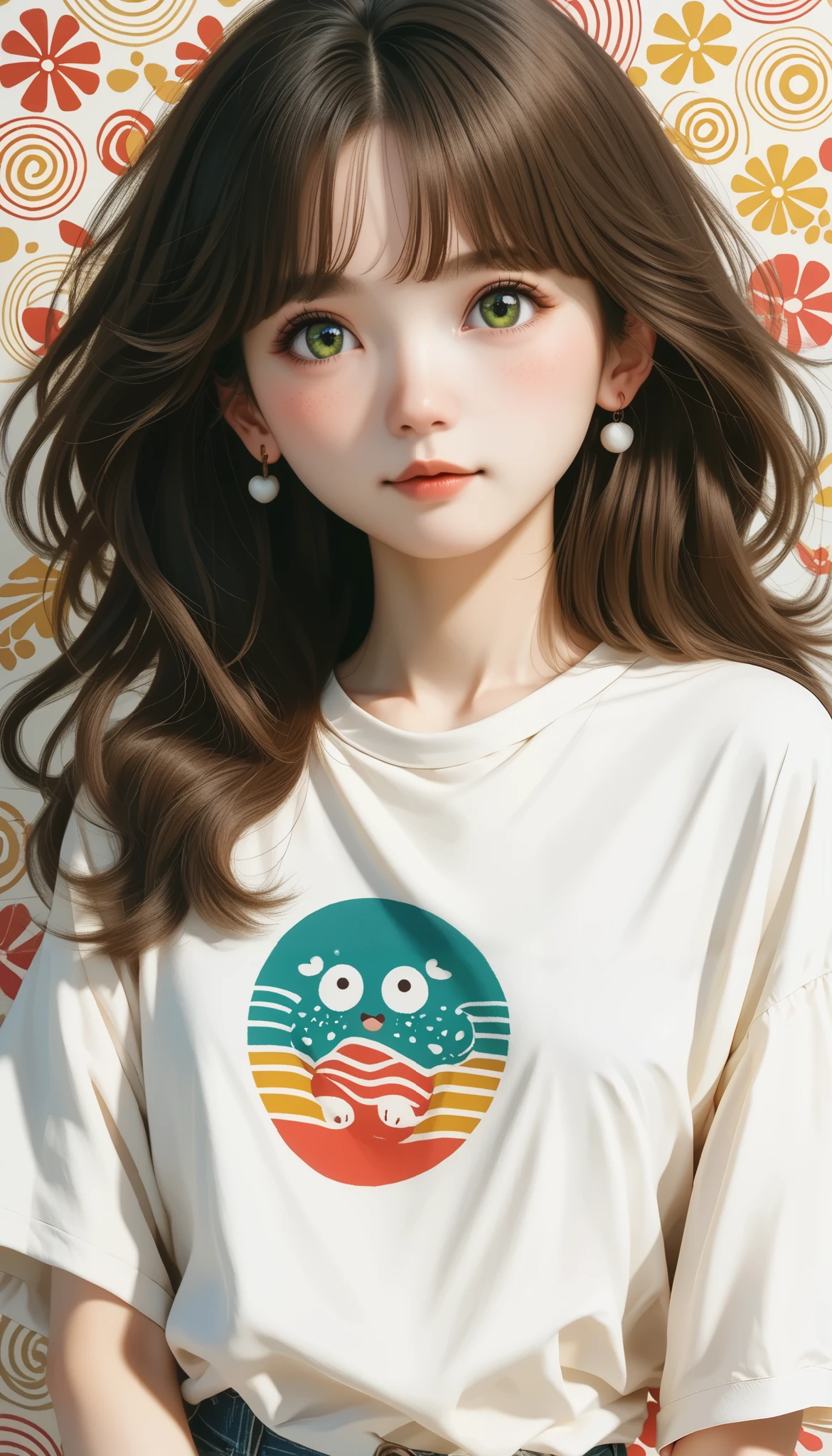  geometric pattern background :1.3、 dark color、 cute girl's hair 、 Look Away、white baggy Ｔ shirt、プリント shirt、Loose clothing、Retro、  best quality 、 super detailed、High quality details、green