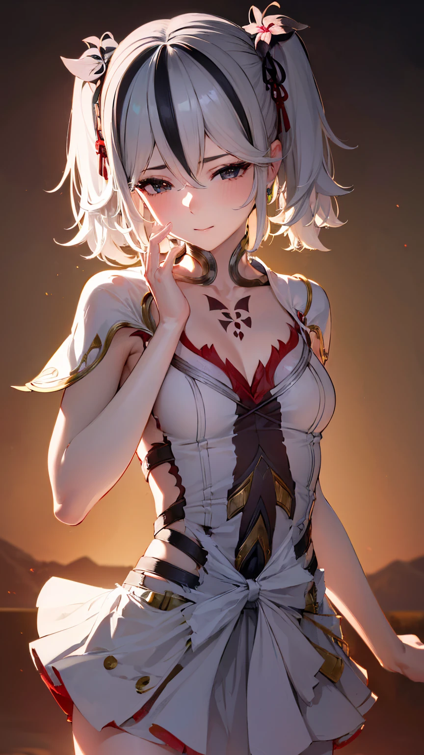 (super fine illustration, masterpiece, best quality, depth of field, ultra detailed), (Front view), 1 girl, alone, looking at the viewer, (hand on own face), perfect face, naughty face, Stand, black eyes, twintails, hair flower,hair ornament,white hair,streaked hair,