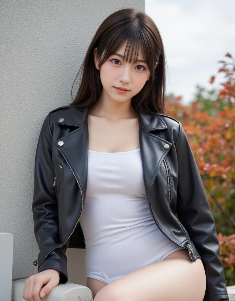 ((whole body写真)), (( dark eyes)), ((nude)), (( completely naked)), ((not wearing panties)), ((Long bob hair with black center part )),((lewisleathers doubleriderjacket)), ((Horizontal droopy eyes)), ((Beautiful thighs)), ((Beautiful belly button), ((Beautiful waistline)),  white camisole、 No Emotion、美しい日本people女性、cute、(( smaller breasts))、((Autumn sky)), ((autumn leaves)), university student、22 years old、Hair tied up、1people, very beautiful Japanese idol 、( best quality)、(Genuine,Genuineistic:1.4)、(masterpiece)、 high definition 、 soft light、Beautiful and sophisticated nose、美しい Teal Eyelids、細身の体、 smaller breasts、Smile、美しい日本people女性,１people、日本people女性、美しい日本people女性、 super detailed face,、 enchanting smile with your back against the wall、 cute、 white skin、Fair skinの美しい肌、 Teal Eyelids、Beautiful symmetrical face、Small face,Beautiful black hair、 Beautiful small breasts、Genuineのpeople間の皮膚、whole body写真、詳細かつリアルなpeople体、Detailed and realistic skin、 Soaking in Hot Springs to the Waist 、 detailed and realistic eyes、Detailed and realistic lips、Detailed and realistic teeth、Detailed and realistic ears、Detailed and realistic hair、 beautiful hands、 realistic feet in every detail、Realistic breasts down to the last detail、 realistic female genitals down to the details 、 detailed realistic legs 、Detailed and realistic clitoris、detailed realistic anus、細部までリアルな thick pubic hair、whole body、whole body白肌、Fair skin、Pubic hair is thick、 thick pubic hair、((Exposing the female genitals)), (( Realistic female genitalia )), ((Thick pubic hair with realistic detail)), ((Thick pubic hair)), ((Realistic clitoris)), ((Realistic anus down to the last detail)), ((M-shaped feet)), (( spread your legs)), ((Excessive pubic hair)),