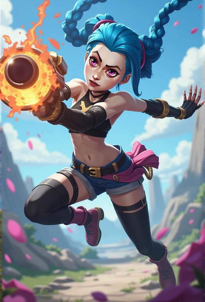 jinx, Draw a light on a blue, faced k-pop girl, (masterpiece:1.2),hi-res,4k,extremely delicate and beautiful art,pastel color,jinx_/(league of legends/), pink eyes, blue hair, [twin braids] full body,standing, arcane, dynmaic pose, action pose, explosion, holding a gun, smile, wide eyes jumping, realistic