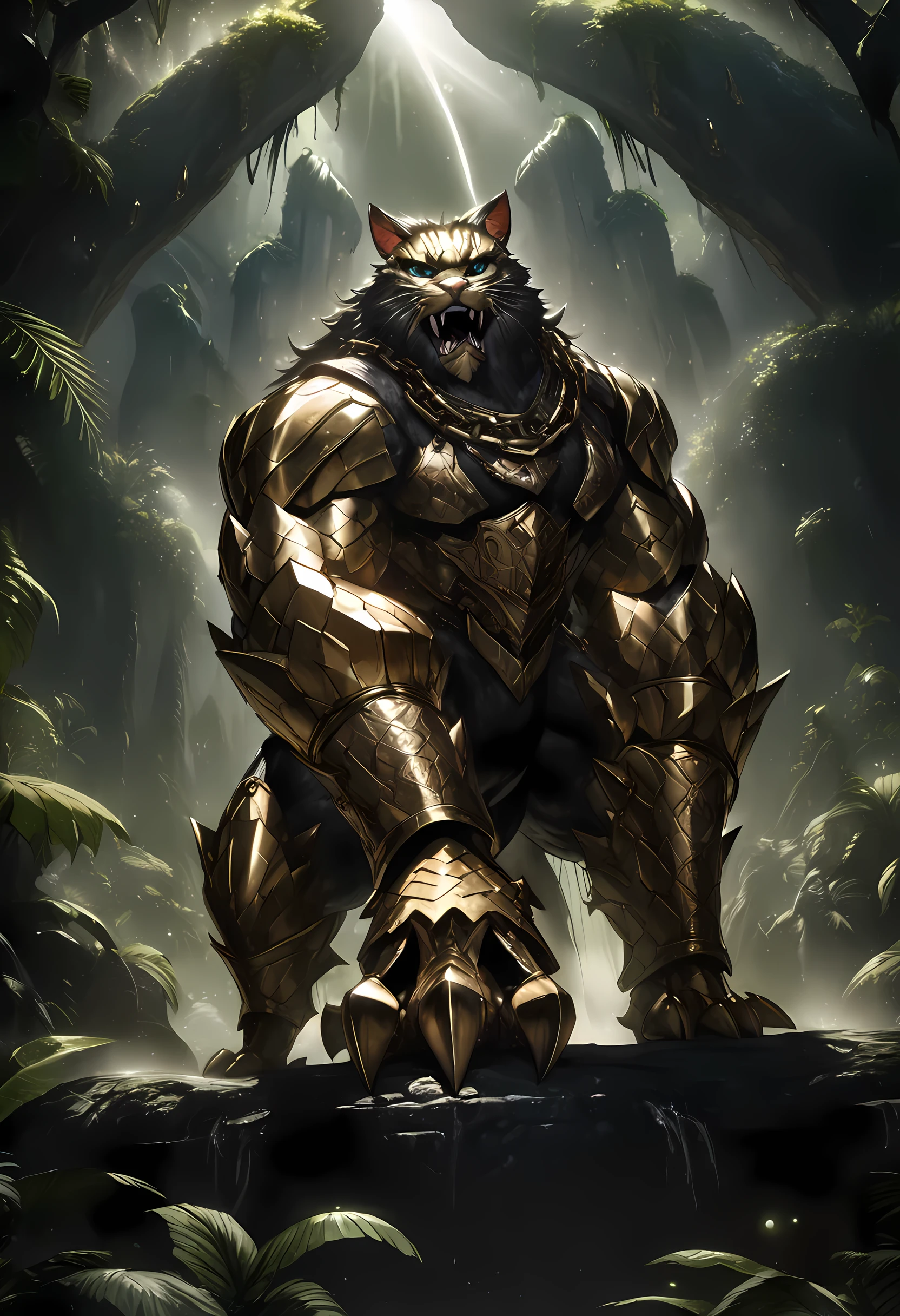 a cat warrior with chains, highly detailed, cinematic lighting, dramatic pose, muscular cat anthropomorphic character, sharp claws, gold spiked metal armor, heavy chains, fantasy jungle environment, volumetric lighting, cinematic camera angle, epic fantasy style, digital art, concept art, hyper detailed, photorealistic, 8k, masterpiece