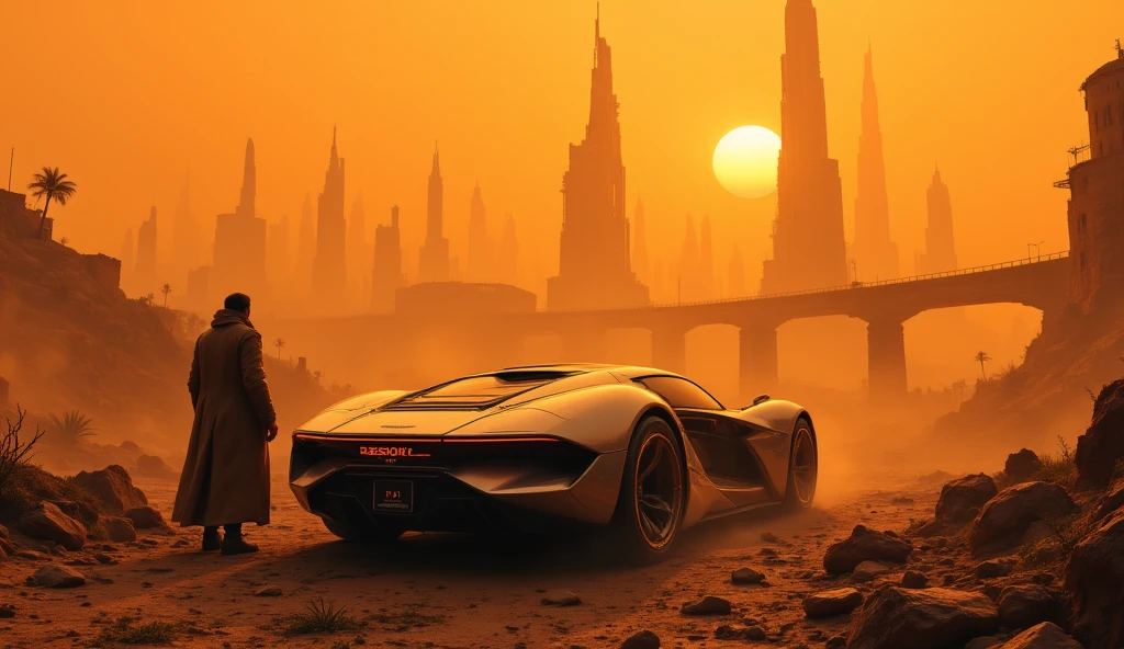 A post-apocalyptic sci-fi scene set in an orange-tinted, dusty environment. In the foreground, a futuristic hover car with sleek, angular lines and a rear license plate sits on rough, rocky terrain with its door ajar. A lone figure, wearing a long trench coat, walks towards a distant city filled with futuristic, towering skyscrapers, shrouded in an orange haze. The city skyline has an eerie glow, with sharp, cutting-edge architecture that contrasts with the decayed infrastructure, including broken bridges. The atmosphere is heavy and ominous, suggesting a polluted and desolate world.