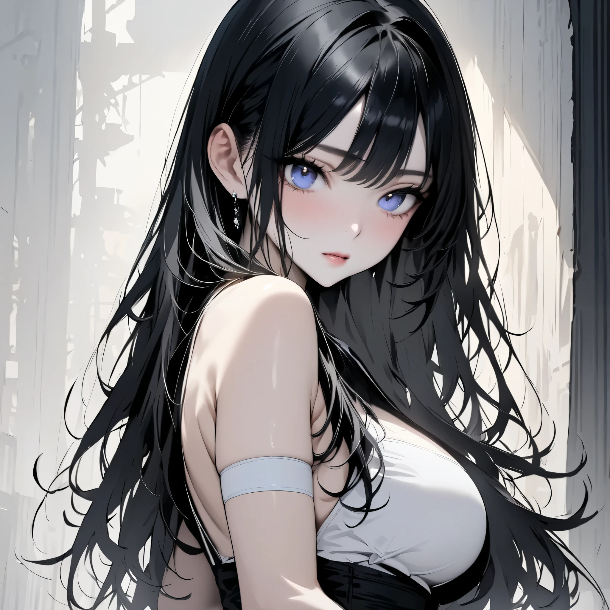 (Mejor calidad, high resolution, Realista:1.37),ultra detallado,pelo largo y negro,ojos rojos,beautiful ojos rojos,serious expression,Ropa negra casual,pechos grandes,Face & Detailed Features,vivid colors,dark atmosphere,Soft lighting,hermosa chica,estilo moderno