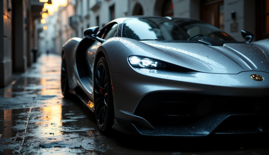 photo of a wet Bicati Chiron hyper car parked in a garage, close up on the headlights, depth of field photo with f2.8, overcast light, soft sunset sun