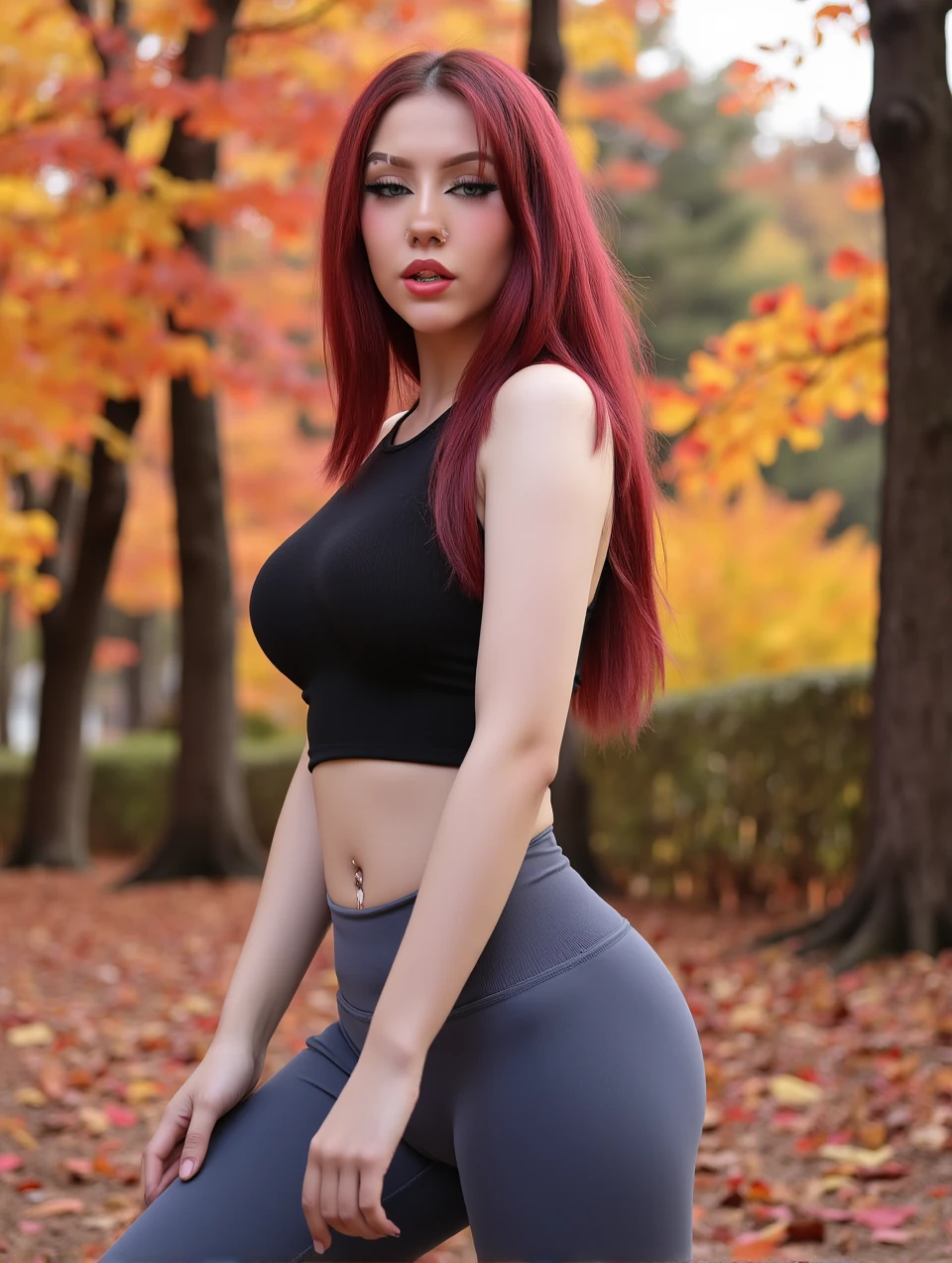 Raw photo, The foreground of this photo features a stunning young woman, long red hair, blue eyes, seductive expression on her lips, perfect breasts, flat stomach, slim hips, dynamic pose, dreamlike atmosphere, creative blending, She is wearing yogapants and tank top, background Autumn forest, there are a few scattered leaves on the ground, which add an element of natural beauty to this otherwise erotic scene, vibrant colors, with shades of red, orange and yellow dominating the composition.coh24, yogapants.