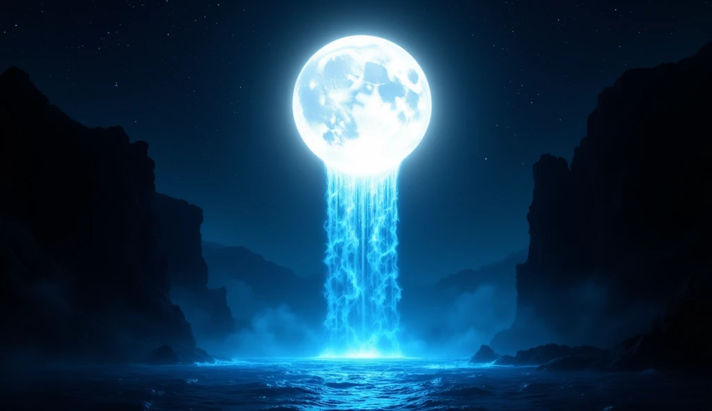 A surreal scene in which an electric blue waterfall cascades down from a luminous white full moon, suspended high in a dark, starless sky. The moon is radiant, glowing with soft white light, casting subtle illumination onto the waterfall. The electric blue water is vivid, hyper-detailed, and appears almost luminescent, with each droplet reflecting light as it falls. The surface of the water below has small ripples, with hyper-real reflections of the moon and the waterfall. The surrounding environment is dark and minimal, with faint, shadowy outlines of jagged rocks or cliffs framing the sides of the waterfall. The water seems to defy gravity slightly before it reaches the ground, giving the scene an otherworldly feel. No other objects or distractions are present, keeping the focus on the surreal interaction between the moon and the waterfall.