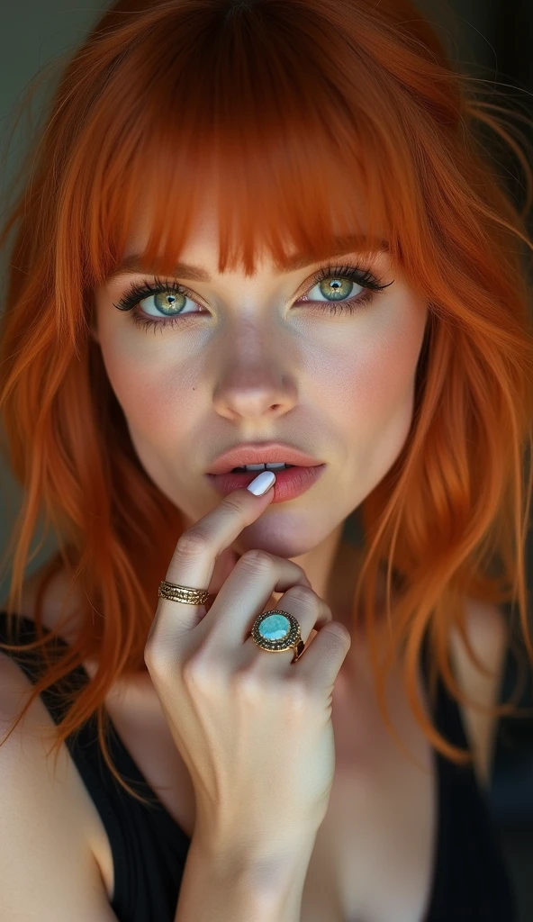 ginger bob woman with green eyes bangs wearing a black dress and a ring on her finger, dua lipa portrait, sexy face with full makeup, soft makeup, light makeup, glowing peach face, subtle makeup, detailed and perfect face, sensual look, detailed flawless face, flawless face, golden hour look, glowing, close up face, amazing beauty, Lana del rey