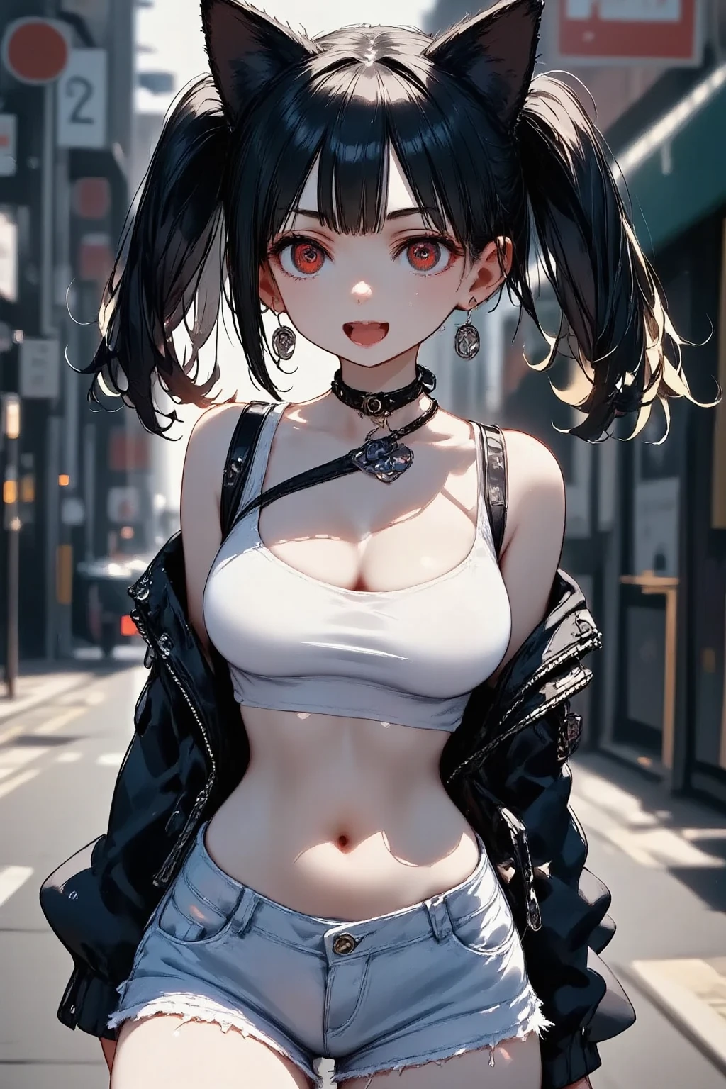 1girl\(cute,kawaii, charming, fascinating, bewitching, evil smile, big smirk, fang, black hair,naughty smile, long hair, twin tails hair, pale skin, white skin, red eyes, eyes shining, big eyes, big breast, perky breast, punk fashion, ripped clothes, white tight tube top, tight hot pants, stomach shown, ripped black short jacket, fluffy black cat-ear, spiral eyes, bang, hands in pocket\), background\(outside, noisy city, backstreet, narrow street, neon lights, at midnight\),3d render, portraits, bust-up shot, from above, niji style, slight abdominal muscles,very close up of face,,zoom up girl, great focus, great bokeh,dynamic camera angle,punk rock fashion