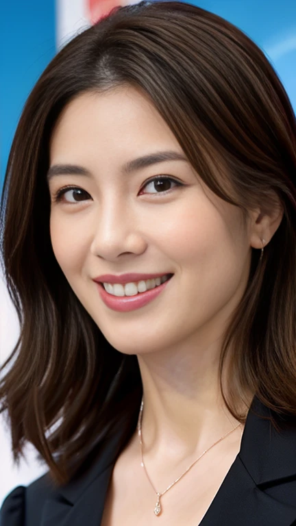 8k, RAW Photos, Highest quality, masterpiece, Head shot from the front、One Japanese woman、28-year-old housewife、Perfect Makeup、Dark eyeliner、Red eyeshadow、Glossy dark pink lips、Big Laugh、Symmetrical eyes、Clear Eyes、Highly detailed eyes、Highly detailed face, Fine skin, Sharp focus, Blurred Background、Shiny light brown hair、Perfect studio lighting、Portrait、Watching the audience、