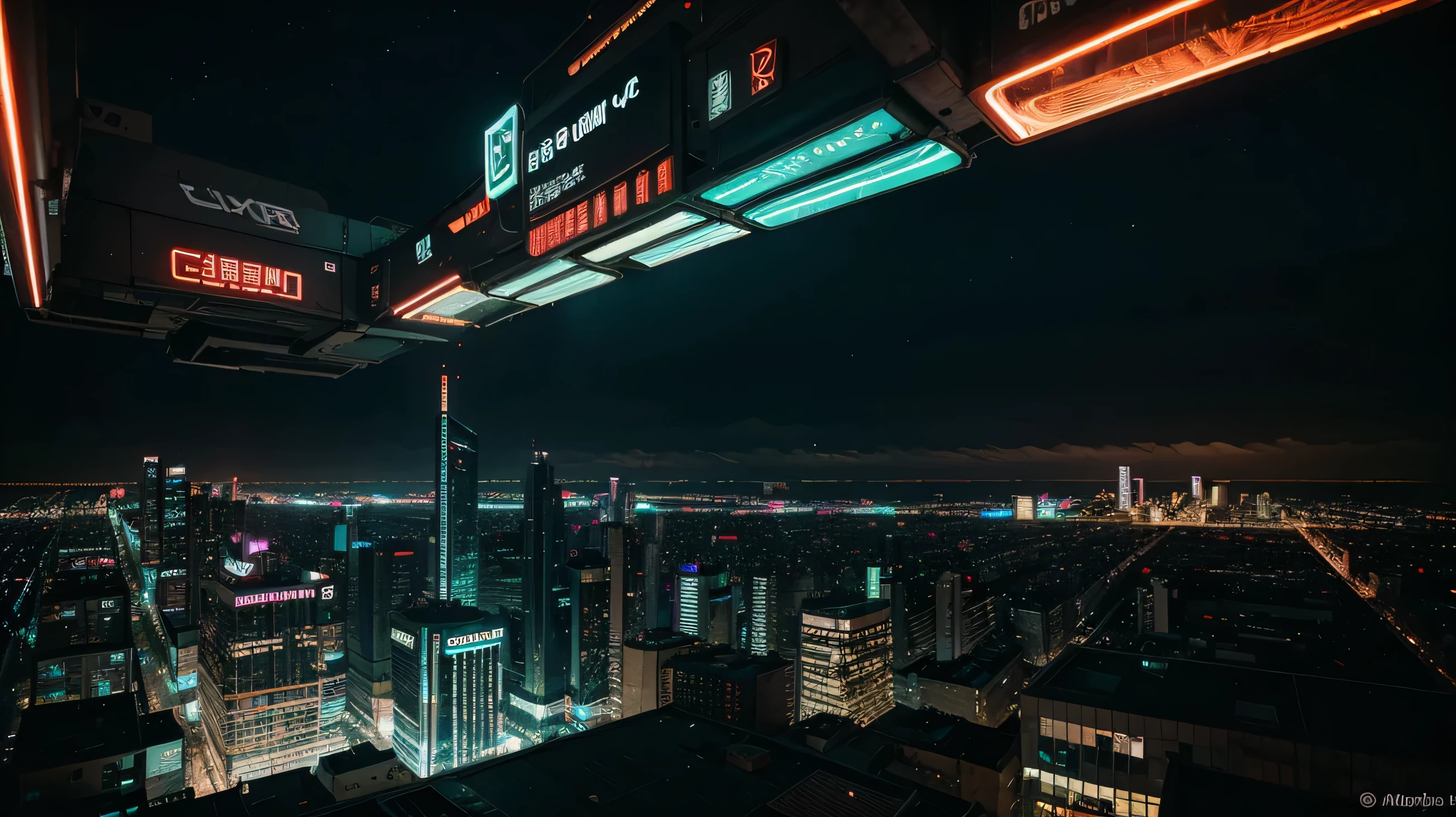 A 360 image of a cyberpunk city , at night, neon lights, aesthetic,  buildings and stores that reach the horizon, luminous panels, propaganda, futurist