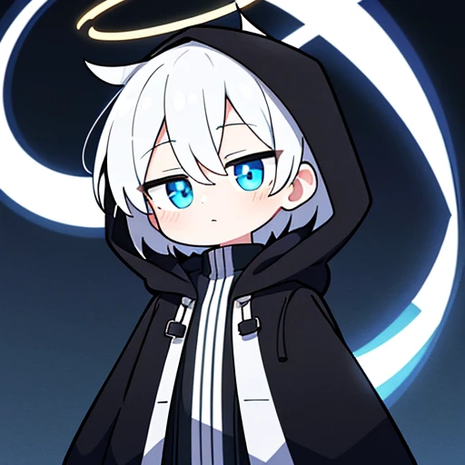  {{One boy, Alone,  shorthair, ( white hair ,  blue eyes with vertical pupil),Black outline, halo,  black long coat ,  black fur hood , #39;wing, Vertical scar ,  right eye hidden , green and black headphones,Desktop PC, performance,  laughing, Delighted　 Anatomically Correct