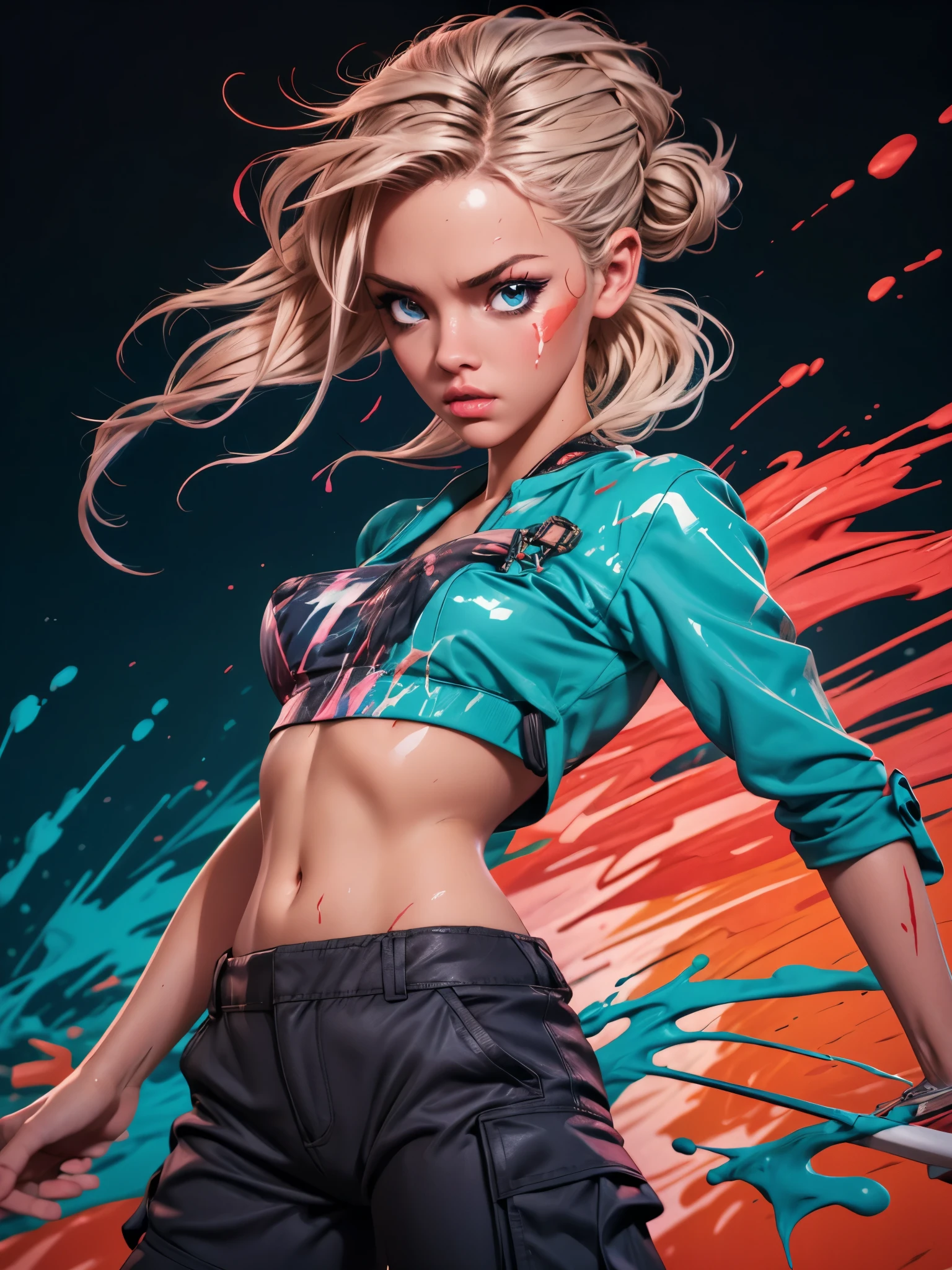 samdoesarts style award winning half body portrait of a beautiful woman in a croptop and cargo pants with ombre navy blue teal hairstyle with head in motion and hair flying, paint splashes, splatter, outrun, vaporware, shaded flat illustration, digital art, trending on artstation, highly detailed, fine detail, intricate