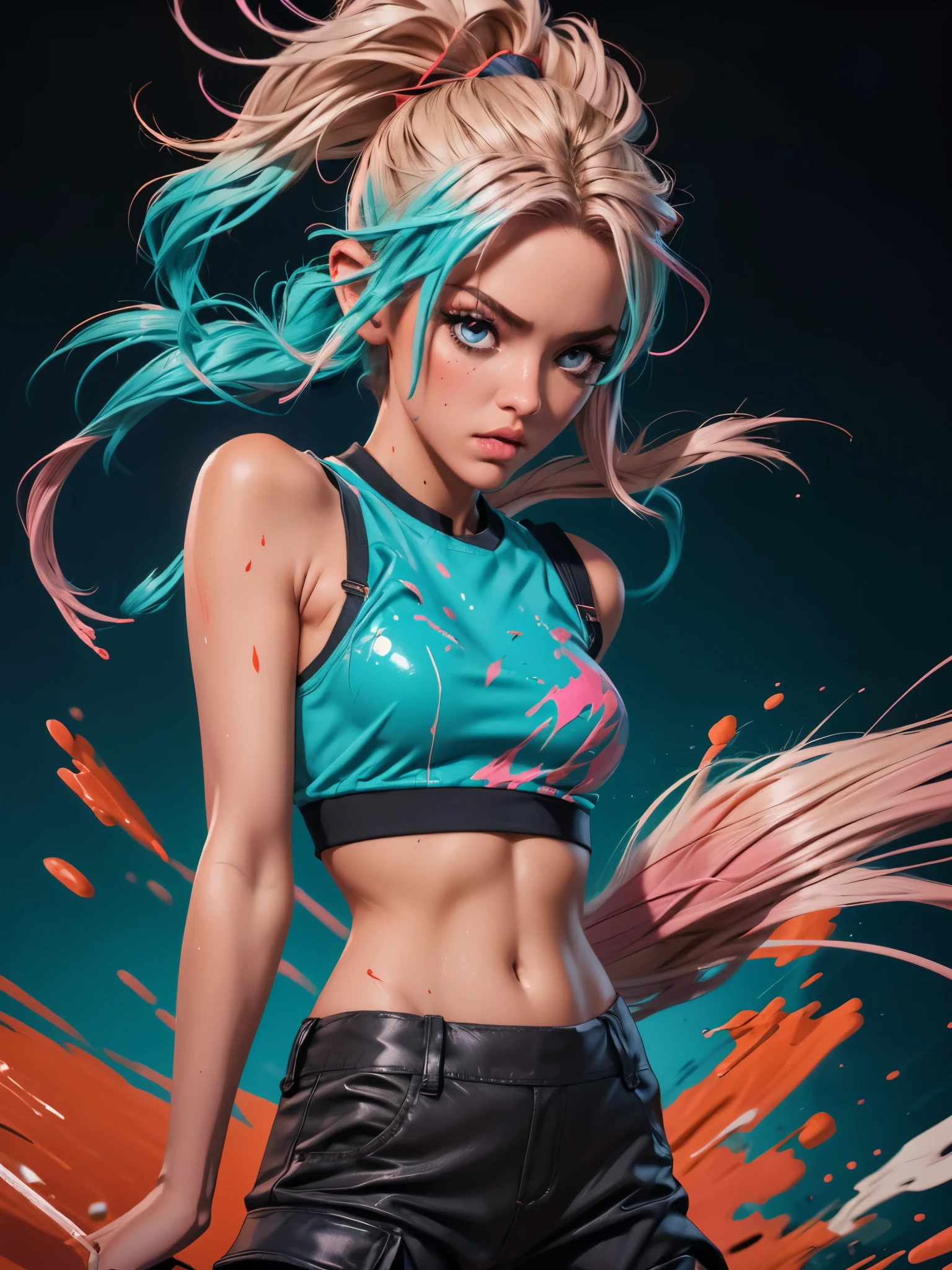 samdoesarts style award winning half body portrait of a beautiful woman in a croptop and cargo pants with ombre navy blue teal hairstyle with head in motion and hair flying, paint splashes, splatter, outrun, vaporware, shaded flat illustration, digital art, trending on artstation, highly detailed, fine detail, intricate