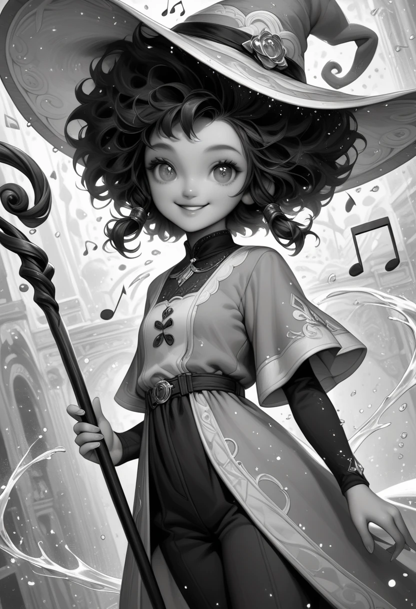 score_9, score_8_up, score_7_up, score_6_up, cute girl, musical note, tunic, magical staff, fluffy hair, big hat, light smile, bright pupils, particles around, splash art, pants, looking at viewer, cowboy shot, smile, cute, wide shot, solo, dutch angle, detailed background, HandBeardXLP, monochrome, greyscale,
