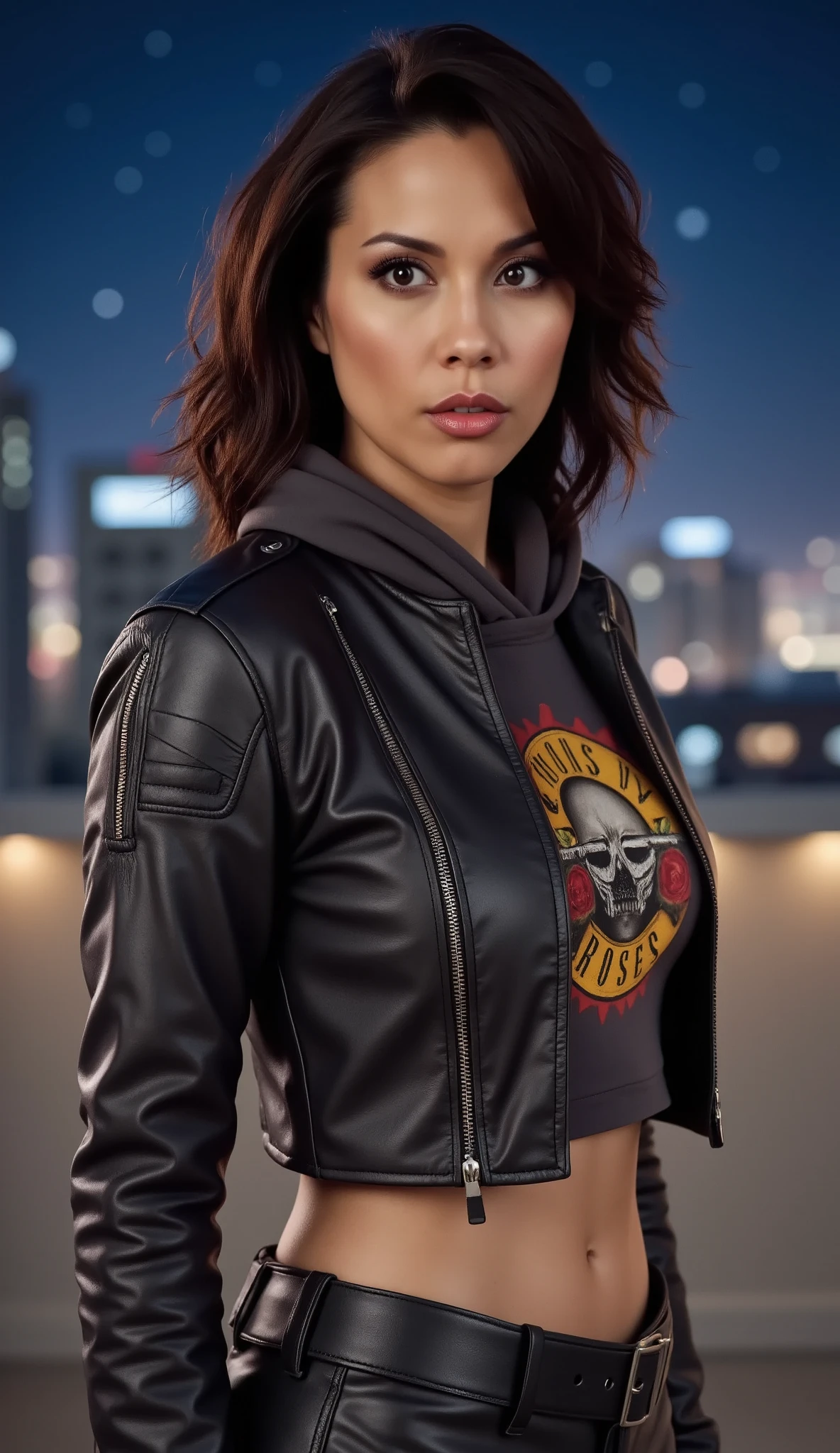 Lexa Doig, wearing a cropped leather moto jacket with detailed zippers worn over a Guns & Roses cropped hoodie. The jacket should look glossy and high-quality with light reflections emphasizing its texture, black pvc latex wetlook leggings, (dark brown wavy hair), heavy makeup, power pose, flirting with the camera, on a rooftop, city detailed scenario, city lights detailed background, night sky filled with stars and moonlight, side proflie