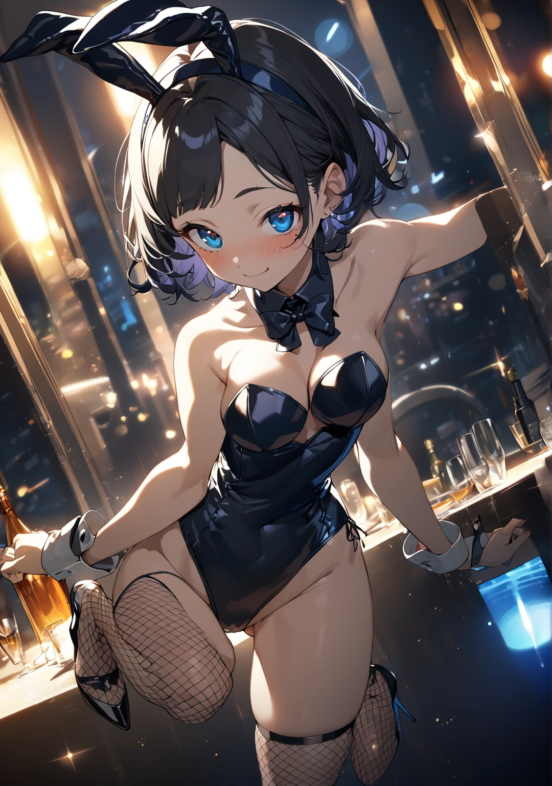 (masterpiece:1.3、Highest quality、Ultra-high resolution、Very detailed)、(Real:1.1、Photorealistic:1.4)、Beautiful illustrations、Perfect lighting、Depth of written border、Beautifully detailed hair、Beautifully detailed face、Watching the viewer、One girl、Perfect Face、(Perfect Anatomy、Anatomically correct)、Cute and symmetrical face、Baby Face、((Shiny Hair))、(Beautiful views)、((Outdoor、Blurred night cityscape))、(かわいいsmile、smile)、Immature body、(masterpiece)、(Highest quality:1.3)、8K、Very clear、(超Real)、One girl、Wide Shot、((Modest chest))、A cute 、(masterpiece、Highest quality、Very detailed)、((One girl)、((Short black hair)、black eye、(Embarrassed and blushing)、((Small and petite breasts))、((Playboy))、((Bunny girl))、(((Black enamel high leg leotard、Collar with bow tie、cuffs)))、Cowboy Shot、