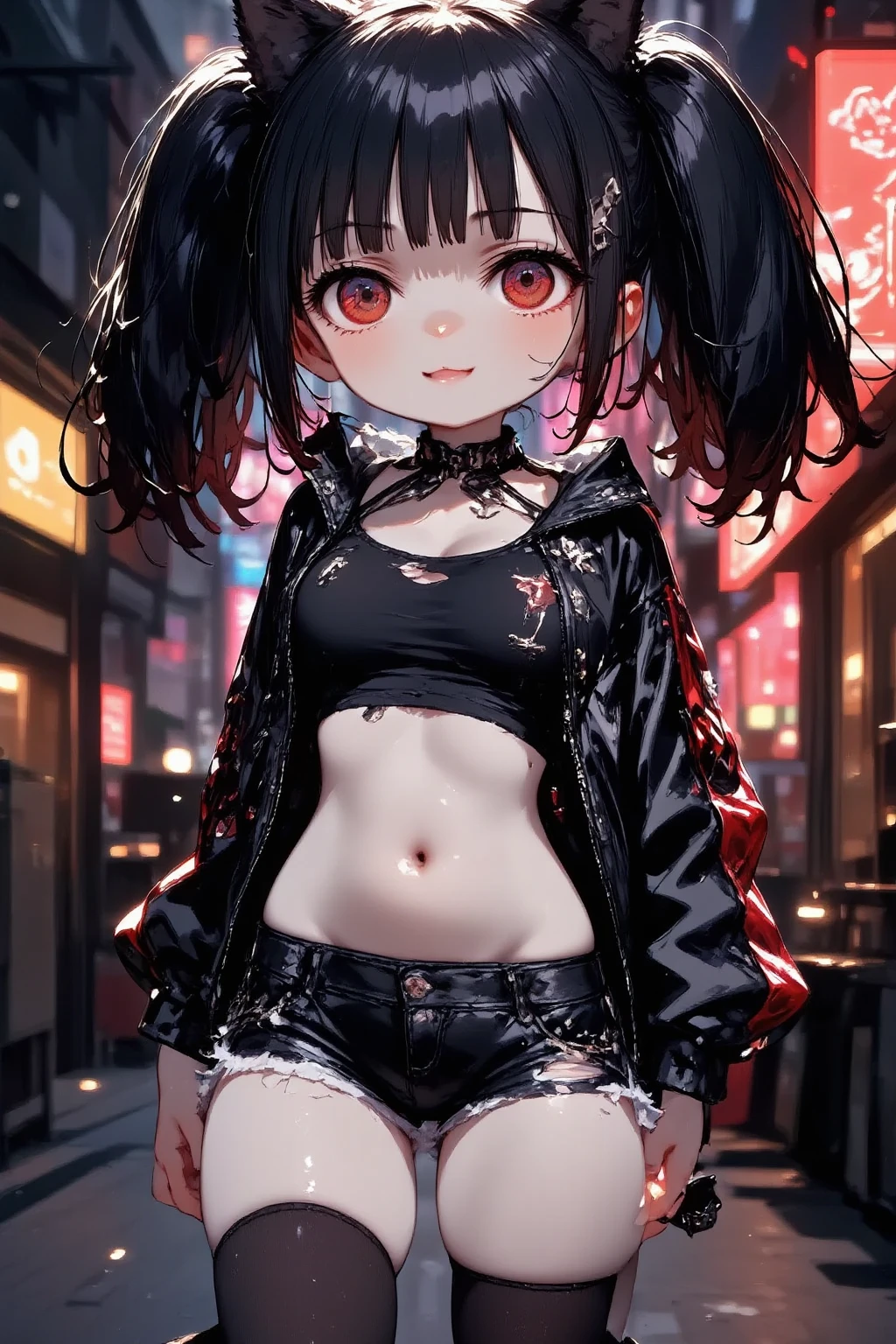 1girl\(cute,kawaii, charming, fascinating, bewitching, evil smile,evil face, big smirk, fang, black hair,naughty smile, long hair, twin tails hair, pale skin, white skin, red eyes, eyes shining, big eyes, big breast, perky breast, punk fashion, ripped clothes, white tight tube top, tight hot pants, stomach shown, ripped black short jacket, fluffy black cat-ear, spiral eyes, bang, hands in pocket\), background\(outside, noisy city, backstreet, narrow street, neon lights, at midnight\),3d render, portraits, bust-up shot, from above, niji style, slight abdominal muscles,very close up of face,,zoom up girl, great focus, great bokeh,dynamic camera angle,punk rock fashion,bags under eyes