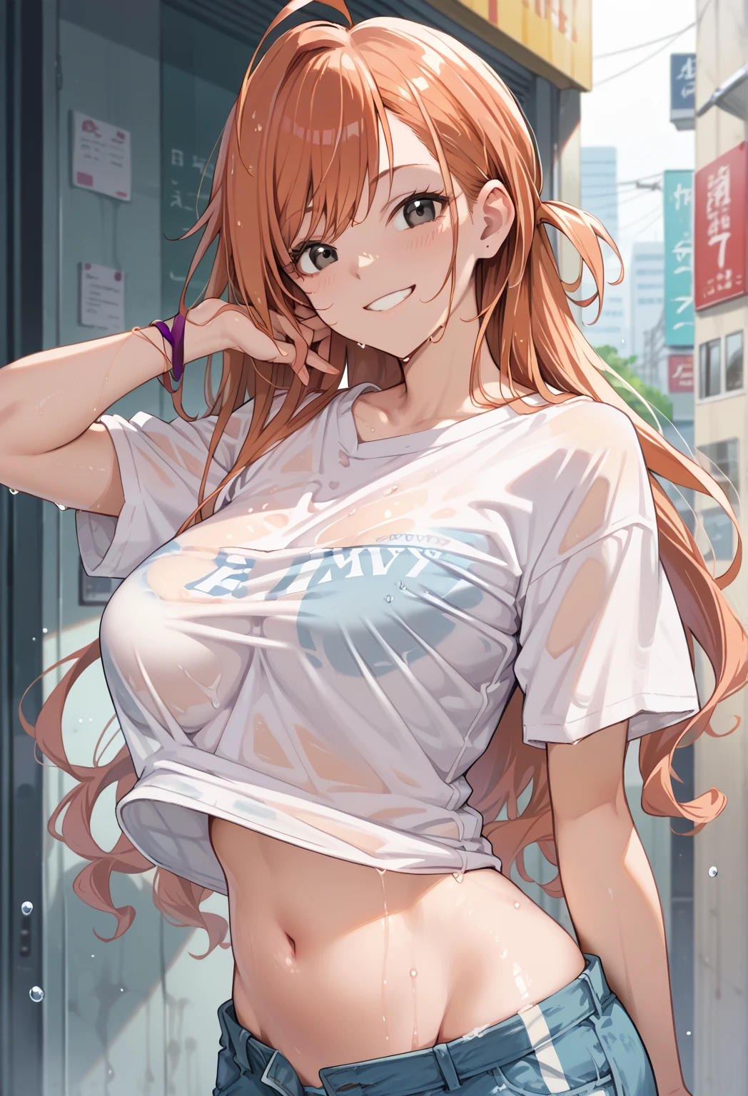 natsuhaarisugawa, 1girl, solo, orange hair, long hair, ahoge, swept bangs, black eyes, smile, huge breasts, wet shirt, white T-shirt, no bra, navel, blue shorts, denim shorts, upper body