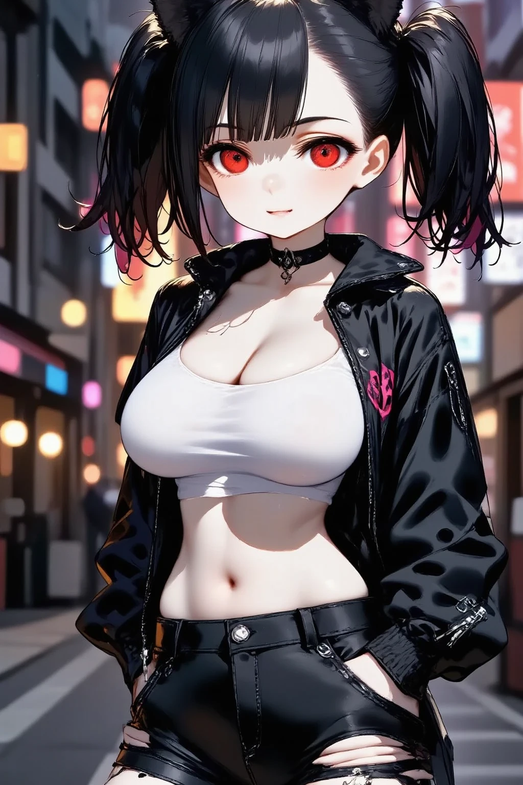 1girl\(cute,kawaii, charming, fascinating, bewitching, evil smile,evil face, smirk, fang, black hair,naughty smile, long hair, twin tails hair, pale skin, white skin, red eyes, eyes shining, big eyes, big breast, perky breast, punk fashion, ripped clothes, tight tube top, tight hot pants, stomach shown, ripped black short jacket, fluffy black cat-ear, spiral eyes, bang, hands in pocket\), background\(outside, noisy city, backstreet, narrow street, neon lights, at midnight\),3d render, portraits, bust-up shot, from above, niji style, slight abdominal muscles,very close up of face,,zoom up girl, great focus, great bokeh,dynamic camera angle,punk rock fashion,chibi