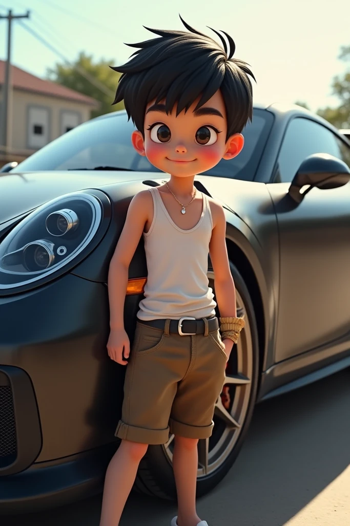 Two boys, one white and the other brown, in front of a white Porsche at a gas station, white people have to wear a black cap 