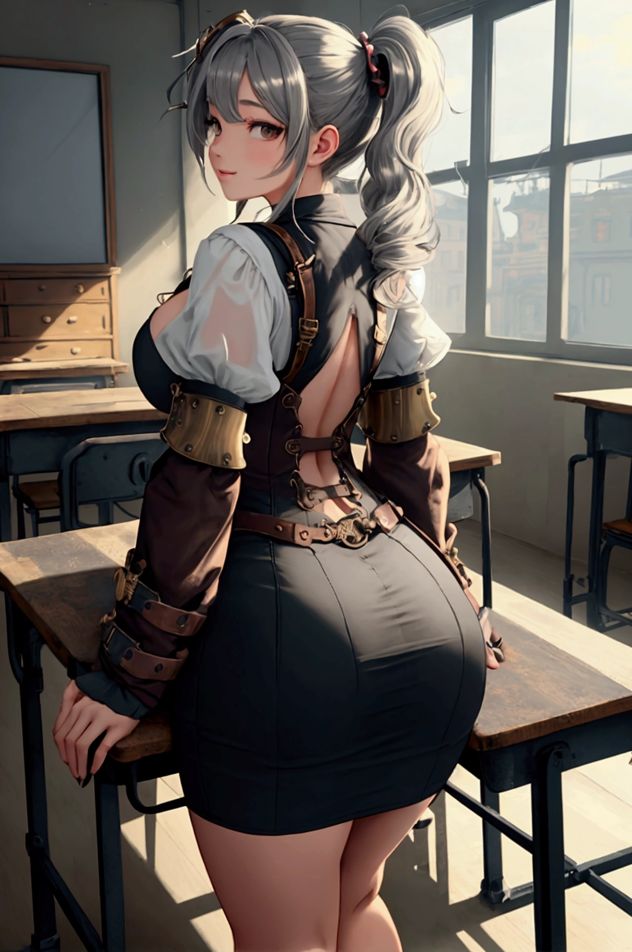   leaning forward when rushing into the classroom、Big Breasts、 accentuates buttocks 、Steampunk. （   is in the dynamic composition:1.3）、 Gray Hair 、((  Masterpiece ,   best quality,     最High image quality,  High image quality)),    young pretty girl   ,((  Clear )))Her back view、 Spin and laugh,Very delicate hair 、 side ponytail hair.