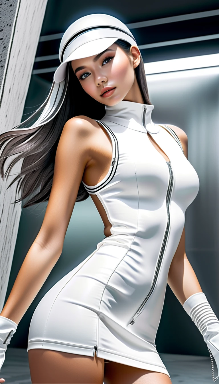 (masterpiece, Best Quality, hyper Detailed, hyper Realistic luna girl:1.4), BREAK beautiful Pretty Japanese ig model, glamorous body, render of april, (all body shot, standing:1.2), BREAK (Detailed wear, all body wear:1.2), (sleeveless futuristic high-neck knit one-piece dress:1.4), (emphasis on body contour:1.2), (white theme:1.4), (silver metallic thread embellishments:1.3), (silver statement necklace:1.3), (silver cuff bracelets:1.3), (silver hoop earrings:1.3), (silver anklet:1.3), (white leather gloves:1.3), (skirt hem held by hand:1.3), (high-tech thick-soled high-top sneakers:1.4), (white theme:1.2), (silver details:1.2), (futuristic latex sun visor:1.4), arranged gray hair, BREAK (Detailed medium breasts, Detailed bodyline, Detailed legs and calves), (ultra slim waist, firm medium breasts, medium buttocks, beautiful sexy legs:1.2), White and beautiful Silky skin, thin and short neck, small head, BREAK small head, Detailed face, cute and Pretty slim face, Duck mouth, perfect beautiful Tooth, blue eyes, half open eyes, shiny eyes, gray hair, looking other, (in a concrete, fog, mist, steem)