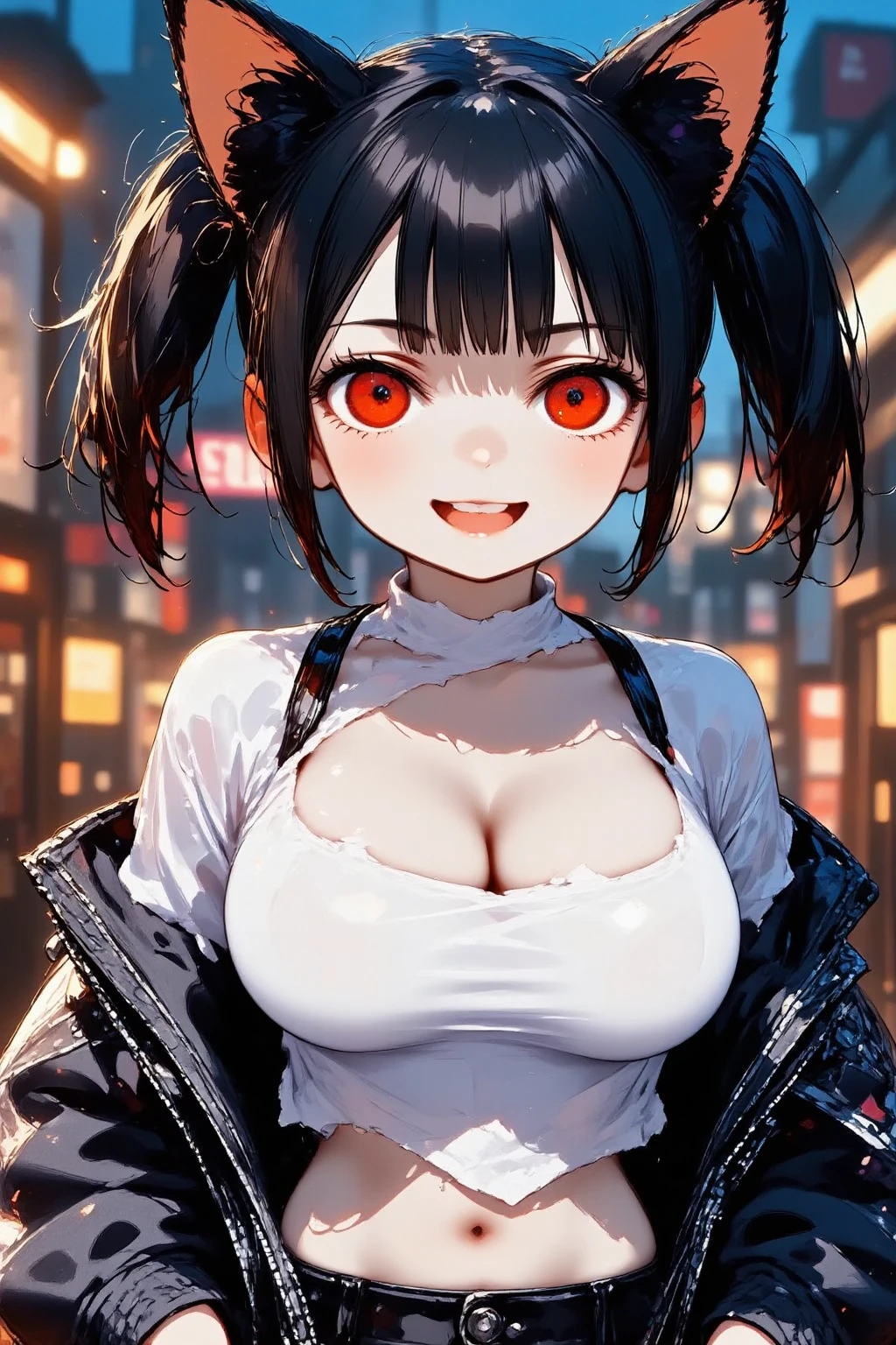 1girl\(cute,kawaii, charming, fascinating, bewitching, evil smile, big smirk,evil face, fang, black hair,naughty smile, long hair, twin tails hair, pale skin, white skin, red eyes, eyes shining, big eyes, big breast, perky breast, punk fashion, ripped clothes, white tight tube top, tight hot pants, stomach shown, ripped black short jacket, fluffy black cat-ear, spiral eyes, bang, hands in pocket\), background\(outside, noisy city, backstreet, narrow street, neon lights, at midnight\),3d render, portraits, bust-up shot, from above, niji style, slight abdominal muscles,very close up of face,,zoom up girl, great focus, great bokeh,dynamic camera angle,punk rock fashion,bags under eyes,ffppwet