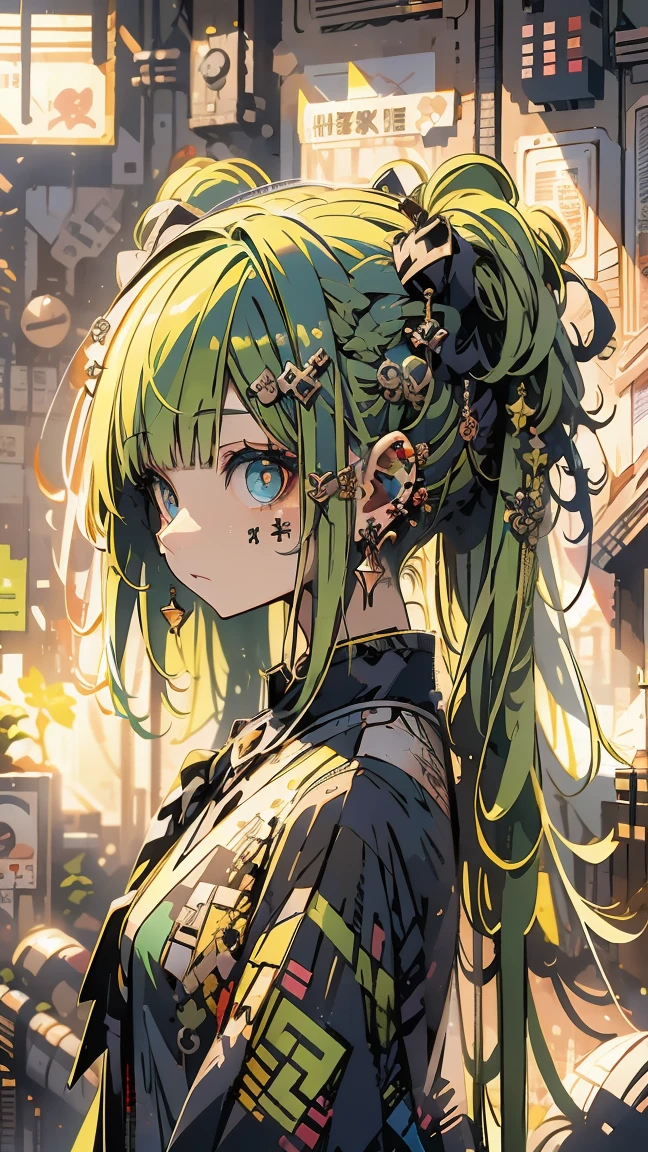 masterpiece, best quality, 1girl, floating, hair bun, braid, emerald hair, big eyes, detailed eyes, pretty face, sophisticated hairstyle, exhausted, void <lora:nvdreampunk:1.2> nvdreampunk, abstract surrealism, heavenly judgement, bureaucracy <lora:Dreamwave v3:0.8> dreamwave, aesthetic, full body, eternity, glitch