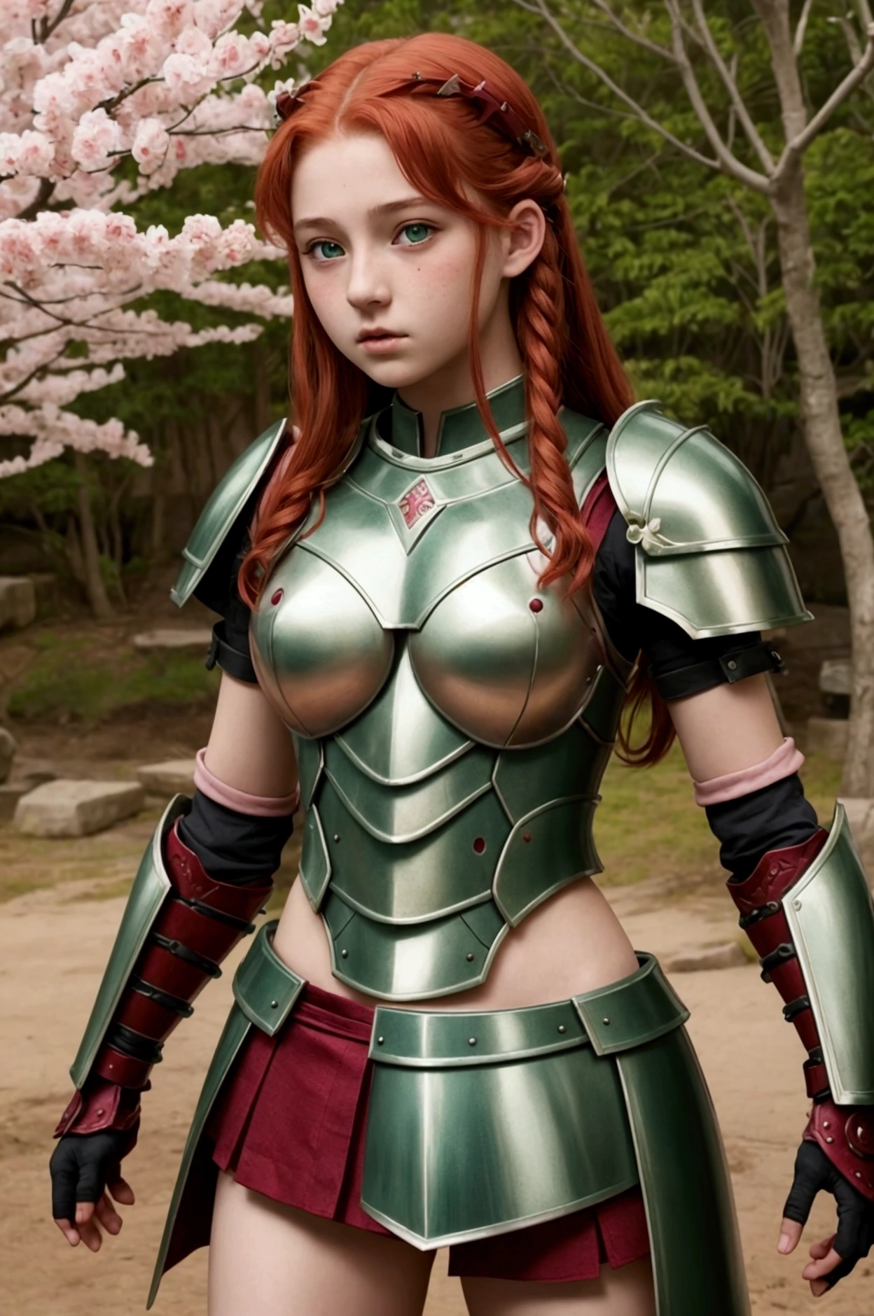 redhead warrior girl, , pretty face, thin girl, Pretty girl, skinny girl, She wears plate armor., medieval armor, steel breastplate, Steel Gauntlets, steel gloves, (red miniskirt: 1.5), (session, opens her legs: 1.1), (her panties are visible: 1.2), You can see her panties, underwear, pantimedias, upskirt, (camel toe: 1.3), (white panties), panties popping, medieval fantasy, dungeons and Dragons, role-playing character, Best Quality, (Masterpiece), 8k