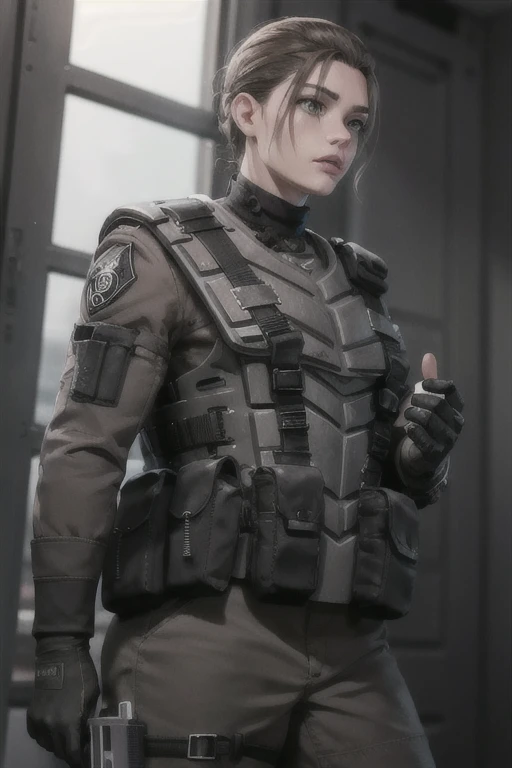 Sexy girl,  starship troopers armor,, realistic, gloves, armor, shoulder patch, bulletproof vest, military, helmet, holding a weapon,   hungry clicker