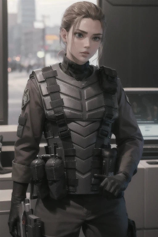 Sexy girl,  starship troopers armor,, realistic, gloves, armor, shoulder patch, bulletproof vest, military, helmet, holding a weapon,   hungry clicker