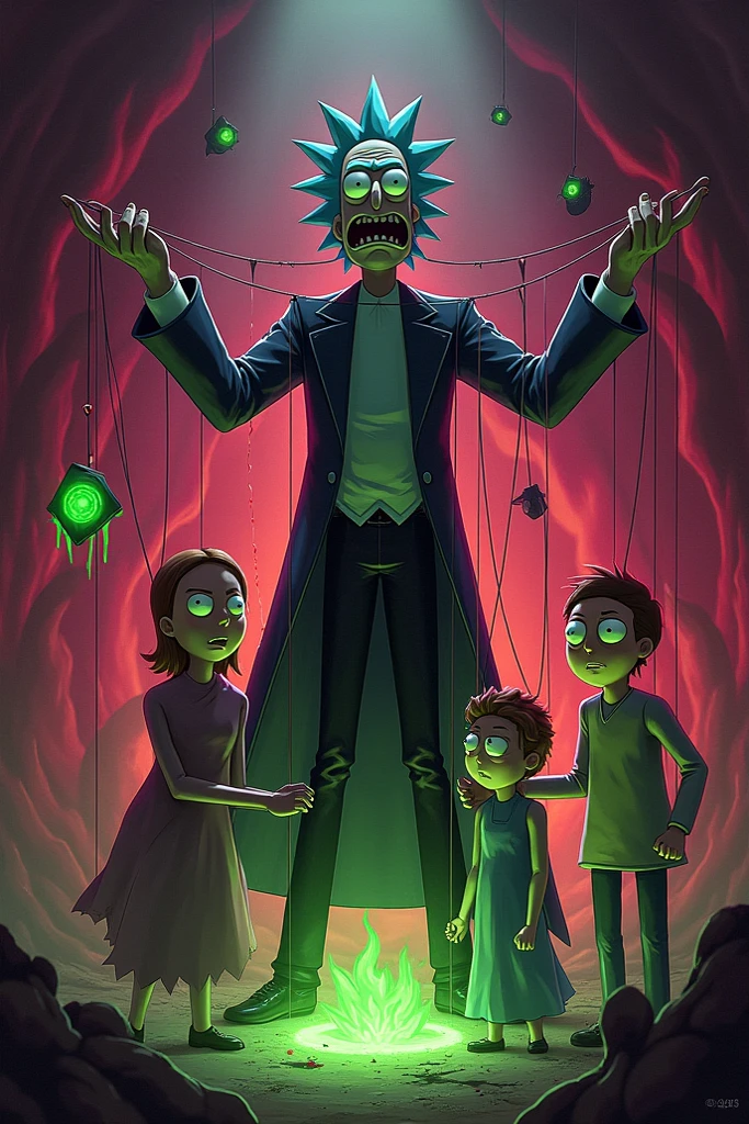 - **bottom**:
A chaotic universe with shades of red , purple and black , manipulating drama and tragedy . You could include iconic elements of * Rick and Morty *, like green portals , but stylized for a more serious tone .
- **composition**:
- **center**: Rick ( as Iago ), with a malicious look , manipulating threads like a puppeteer . In their threads , there are Morty (Othello ) looking distressed at , and Summer ( Desdemona ) with a expression of confusion and sadness .
- **right side**: Jerry (Casio) entangled in the threads of Rick , with a panicked expression , while Beth (emilia) observe from the background with a suspicious look .
- **left side**: A symbolic object (como el pañuelo de Desdemona ) Floating, with a bloodstain or a green portal that envelops him.
- **text**:
above: *" In the tragedy of the multiverse , jealousy always wins ."*
below: * A cross between ambition , love and manipulation .*