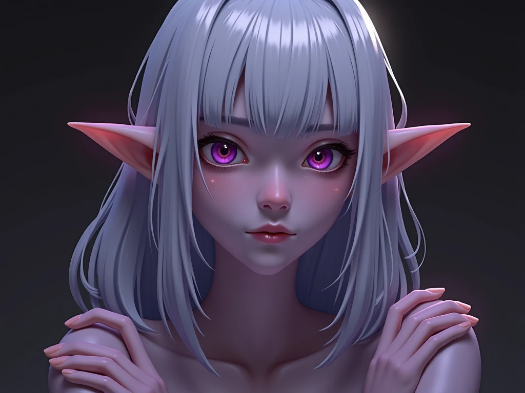 a blue-skinned elf girl with blue-grey hair tied up in a high ponytail, extremely detailed eyes,beautiful detailed purple eyes, beautiful detailed lips, full naked, action pose, fantasy, fantasy character, high quality, 8k, ultra-detailed, photorealistic, photo-realisti c, physically-based rendering,vivid colors, dramatic lighting.