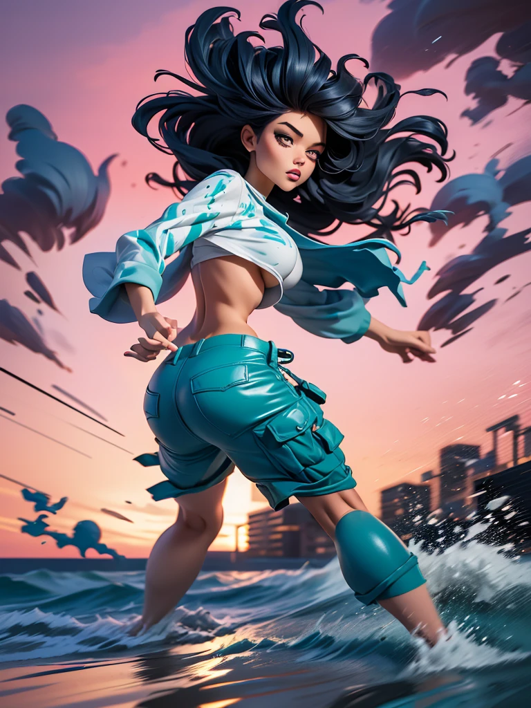 samdoesarts style award winning half body portrait of a beautiful woman in a croptop and cargo pants with ombre navy blue teal hairstyle with head in motion and hair flying, paint splashes, splatter, outrun, vaporware, shaded flat illustration, digital art, trending on artstation, highly detailed, fine detail, intricate, jenya.d