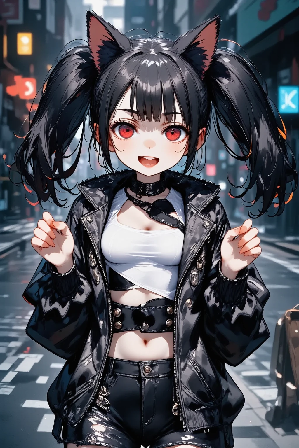 1girl\(cute,kawaii, charming, fascinating, bewitching, evil smile, big smirk,evil face, fang, black hair,naughty smile, long hair, twin tails hair, pale skin, white skin, red eyes, eyes shining, big eyes, big breast, perky breast, punk fashion, ripped clothes, white tight tube top, tight hot pants, stomach shown, ripped black short jacket, fluffy black cat-ear, spiral eyes, bang, hands in pocket\), background\(outside, noisy city, backstreet, narrow street, neon lights, at midnight\),3d render, portraits, bust-up shot, from above, niji style, slight abdominal muscles,very close up of face,,zoom up girl, great focus, great bokeh,dynamic camera angle,punk rock fashion,bags under eyes