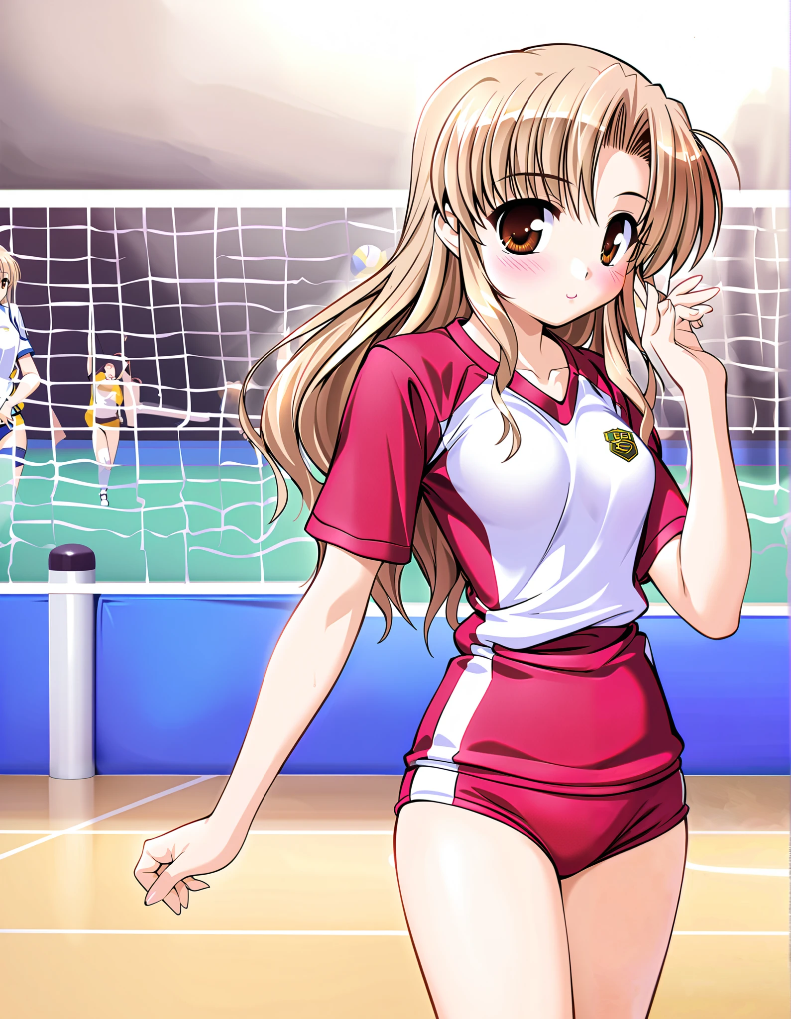 hozumi sayaka, (cowboy shot), long hair, brown hair, brown eyes, (wavy hair:0.7), blonde hair, ( small breasts), (volleyball uniform:1.2), (Red cheeks:1.2),  cleavage, ( volleyball court:1.3),  score_9,  score_8_superior,  score_7_superior,  source_anime, (best quality:1.2), 細部までこだわったanime,  high quality, full color, 8k, natural body shape,  high definition 