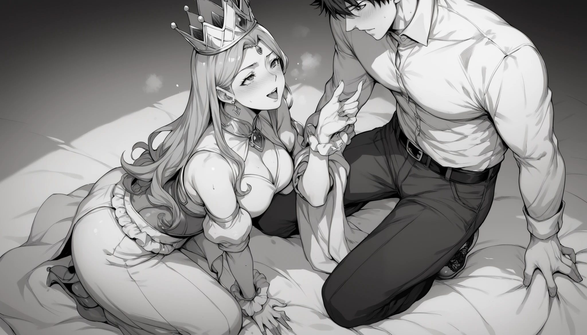 a queen with crown women kneeling at a boy's pants, black and white manga image