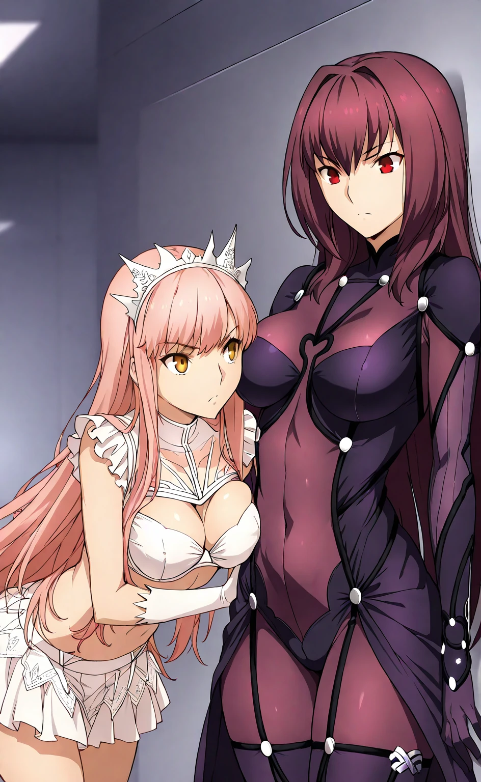 high resolution, masterpiece, necessary, detail, best quality, quality, necessary, details, High details, Precise, 
 
2girls, agirl_and_bgirl, ufotable style, ufotable anime, 

agirl,Scathach, scathach Fate Grand Order, fate,  Fate Grand Order, long hair, red eyes, tight suit

Bgirl, medb, medb fate grand order, long hair, white miniskirt, Pink hair, yellow eyes