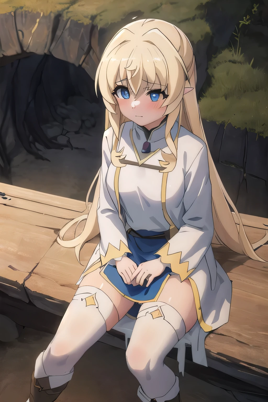 masterpiece, best quality,ultra detail, 1girl,  priestess_goblinslayer sitting,from above,incontinence,cave