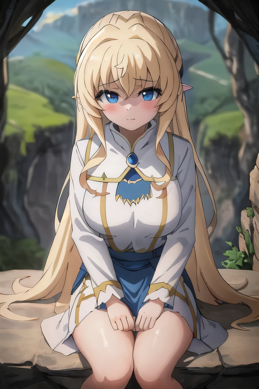 masterpiece, best quality,ultra detail, 1girl,  priestess_goblinslayer sitting,from above,incontinence,cave