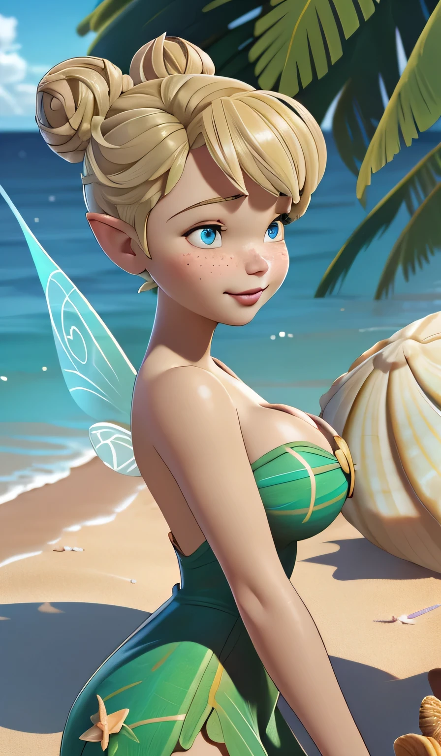 1girl in, 18, Tinkerbell Waifu, photo of perfect woman, miniature ferry, Solo, (miniature girl in a huge world: 1.2), Aesthetic artwork, (single bun, short hair, Short blonde hair in the bun:1.25), (some small freckles, pale skin, large breasts, DD-cup, runners body, very thin waist, skinny, petite, detailed skin texture), (full fairy wings, big fairy wings, fairy ears: 1.1), (laying faced down on a sandy beach, breasts squished beneath her, sleepy expression half smile, Half-Lidded eyes, glossy lips, focus on breasts:1.2), (wearing green bikini, Tinkerbell swim suit: 1), (surrounded by giant seashell, tiny girl surrounded by giant objects, detailed outdoor tropical beach:1.3), (extremely detailed 8k wallpaper), soft lighting, high quality, film grain, Fujifilm XT3 sharp focus, f 5.6, 50mm, High Detail, Sharp focus,(natural light), crazy details, complex details, hyper detailed. (cowboy photo:1.2), light particles, sfw