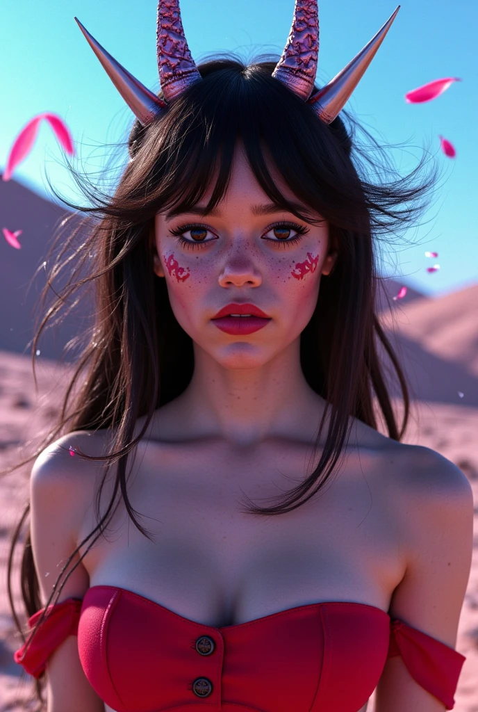 photorealistic, 1girl, solo, j3nnaort3ga, (Masterpiece), (Best Quality), ((((red clothes)))), (Hyper realistic portrait), (mecha demon horns), (realistic skin texture), (dark core ghostly expressive features), (street wear futuristic clothing), (multiple cloth fastenings), (different materials), (layered textures), (nasa materials), (absurd and weird cyberpunk facemask), (mecha demonic beast features), (glossy plastic), (shiny metal), (neon accents), (glowing Japanese kanjis), (beautiful eyes), (art by katsuya terada:1.2), (Francis bacon style), (uhd), (8K), (off-shoulder crop top), (long hair), ((((very huge bare tits)))), (red microdress), (looking at viewer), (falling petals), (perfect composition), (detailed lips), (big breast), (beautiful face), (body proportion), (blush), (pink lips), (purple eyes), (soft gaze), (super realistic), (detailed), (photoshoot), (realistic face and body), (expression), (seductive expression), (shining tears), (long hair floating), (android), (cable), (machine-made facial parts), (tongue), (slope background), (upper body), (sharp teeth), (shining eyes), (SF), (machinery parts), (art by katsuya terada), (hat), (physical matters for authenticity), (color grade), (dynamic lighting), (dramatic shadows), (intense light), (surreal atmosphere), (ultra-high resolution), (8k), (absurdres), (every element interacts with physics for a lifelike feel), (motion blur on subtle movements), (depth of field effect with background slightly blurred), (high contrast between light and shadow), (vibrant color palette with neon accents), (ultra realistic textures), (as if captured by a high-speed camera in a real-world environment), (cinematic lighting), (award-winning photography quality).