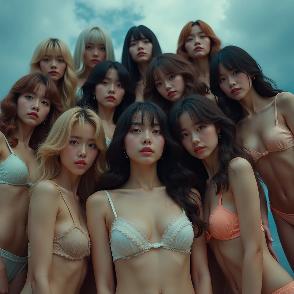 8k resolution, Ultra-realistic, Ultra-detailed, Korean idol, (8 girls:1.1), (6 girls:1.2),(10 girls:1.3),(5 naked girls:1.4),fully naked girls, in fan signing event, spread legs, showing pussy, holding dildo