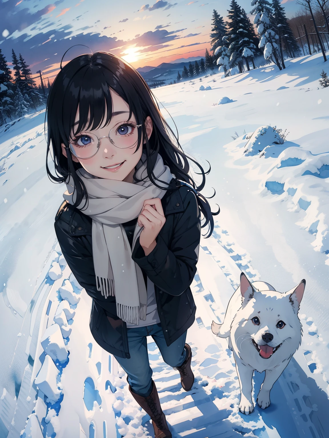   Masterpiece ，   best quality， High image quality ，(   super flat   ,     flat shading   )，   fisheye lens  ，Beautiful petite trained young mother and very cute trained daughter:1.25，    warm scarf， (naked)， long hair, Glasses，   boots, smile, smile, White Breath，fun, play, winter, snow, 新snow，dusk，   Beautiful Sunsets   ，Wide angle,    bright color , watercolor,  Ghibli style，Strong winds，   girl&#39;Lure，