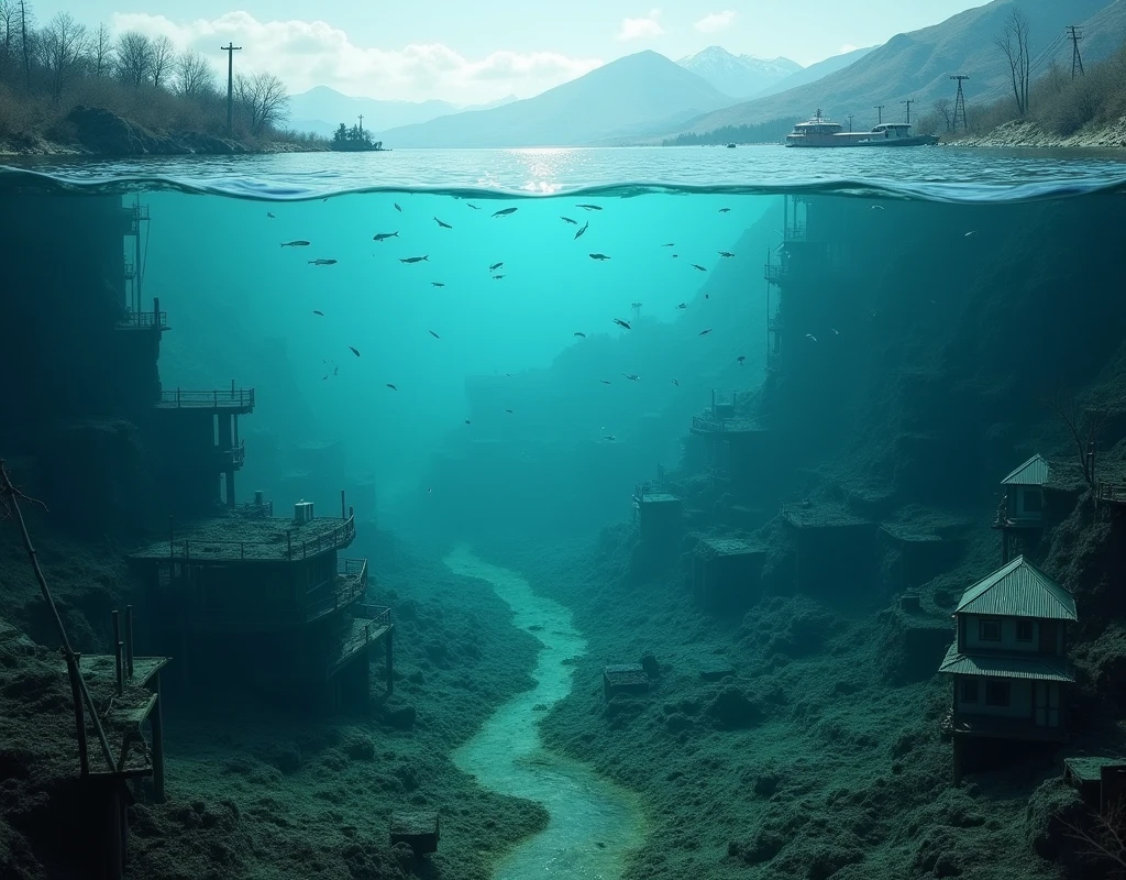 best quality, Breathtaking beauty, An ultra-realistic representation of the bottom of a dam lake in the mountains of Japan, a scene of natural beauty that takes your breath away , There is an eerie submerged city below the surface , Submerged house, Submerged School , Submerged Road , Submerged Electric Pole , Dead Trees , A city submerged under the surface of the water , The devastated bottom of the lake is clear and memorable , There is an eerily submerged city at the bottom of the lake , blister, small fish, the fine particles floating deep , the perfect focus on every element , Light shines in from the surface of the water overhead ,