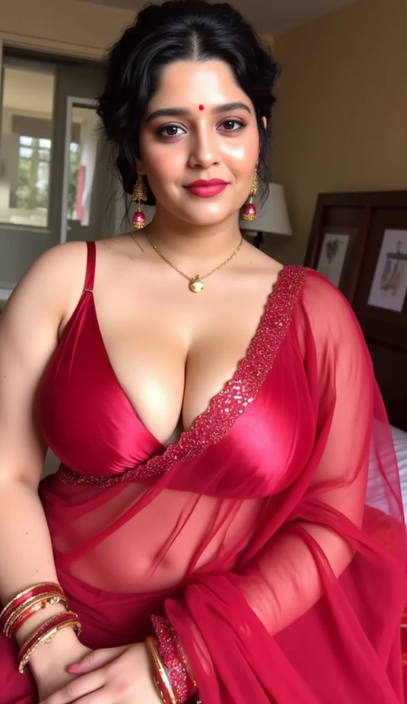 Indian beautiful woman sexy bhabhi, Sindoor aka Vermilion mark in middle partition of hairs,middle parting ornament in hairs,Golden long necklace,Sleeveless blouse,very deep cleavage,curvy plus size model wearing transparent red embroidered color saree,red nail polish,red satin glossy sleeveless bikini blouse, plenty red bangles in hand,red dark medium bindi on fore head,Red dark lipstick, heavy bridal makeup, showing navel and midriff,facing to camera in sitting on a bed with her curvy legs,curvy plus size figure,big large m-cup breasts, deep cleavage, huge breasts, side bun hairstyle, bright eyes, thin eyebrows, fair skin, blushing cheeks, prefect ,head to thighs view, head to thigh view, bright sunlight,oily sweaty shiny detailed skin.